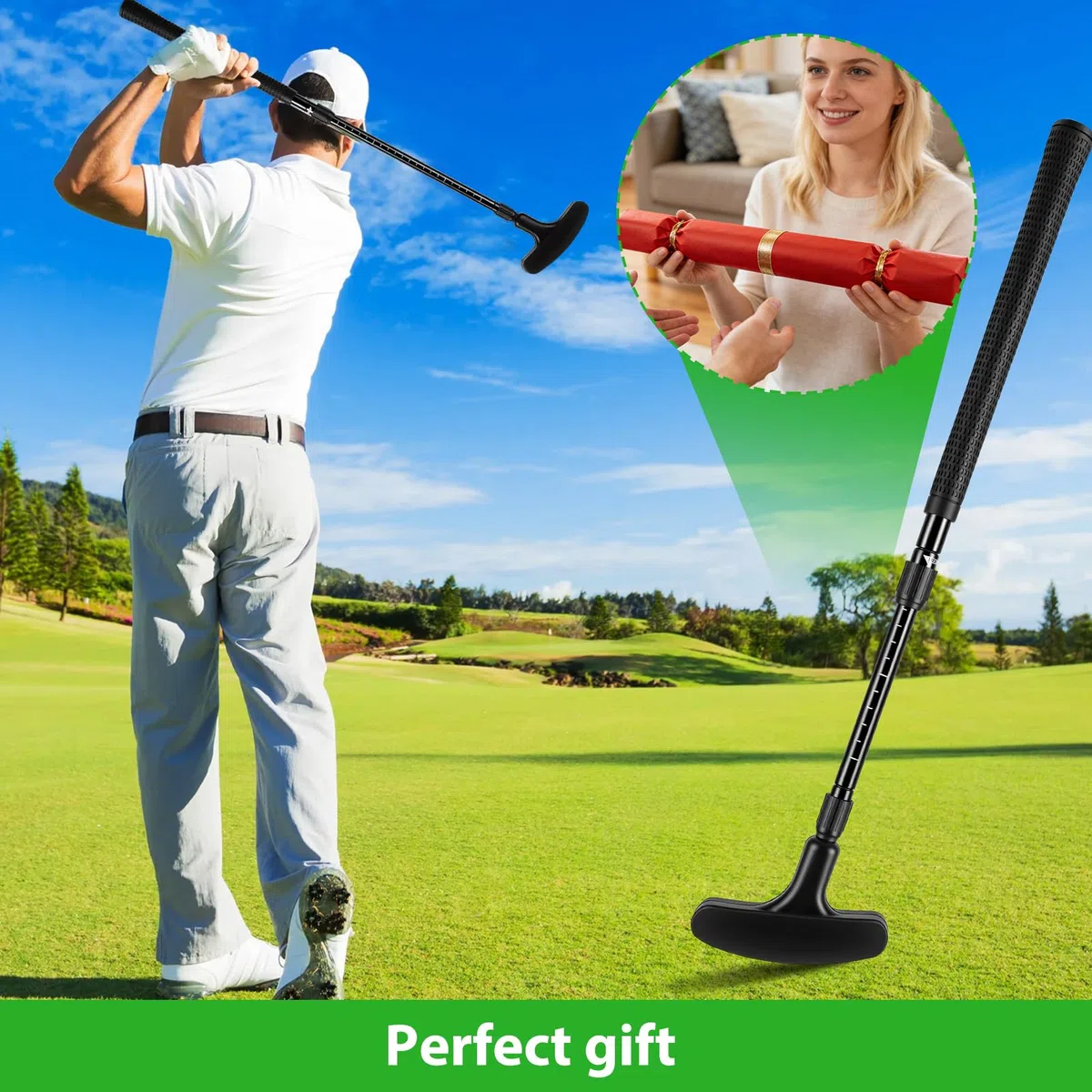 Palo de golf retráctil con mango extensible para niños y adultos, apto para zurdos y diestros, juego de 2 pelotas para interiores y exteriores (negro)