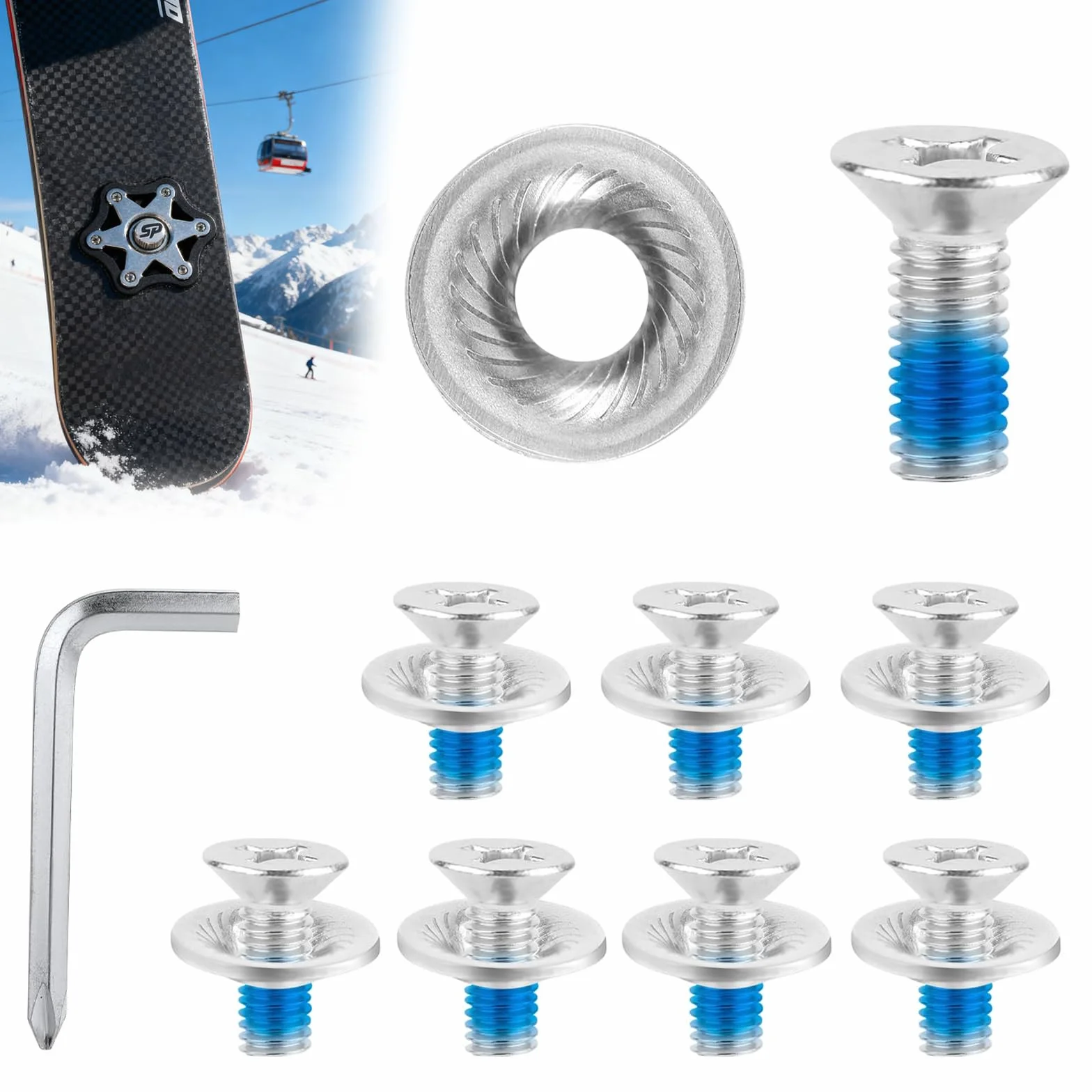 Juego de 8 tornillos de fijación para tabla de snowboard, M6 de acero inoxidable con arandelas antideslizantes, tornillos con destornillador para piezas de repuesto para snowboard deportivo