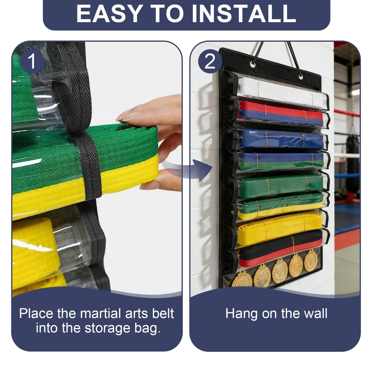 Organizador Cinturones de Taekwondo con 8 Bolsillos,Almacenamiento de Cinturones de Artes Marciales Colgante,Medallero de Boxeo Judo,Portabelt con Capacidad para Hasta 8 Cinturones y 5 Medallas(Negro)