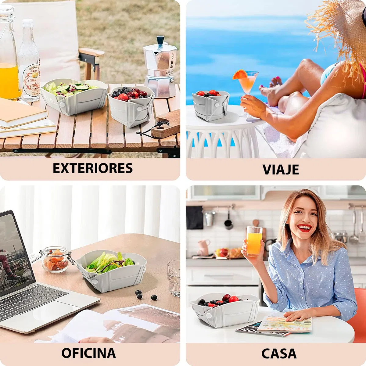 Plato de Silicona Plegable con varias Posiciones - Cuenco plegable Ideal para Camping, Playa o Montañismo, Hermético y Fácil de Limpiar, pack de 2 (Negro)