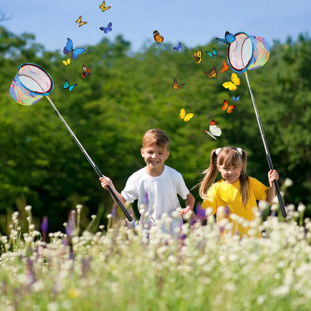 Juego de 2 redes telescópicas para niños, 76 – 173 cm, red de mariposas, red de pesca, red de pesca para peces al aire libre, insectos, pesca, playa, estanque, jardín, piscina
