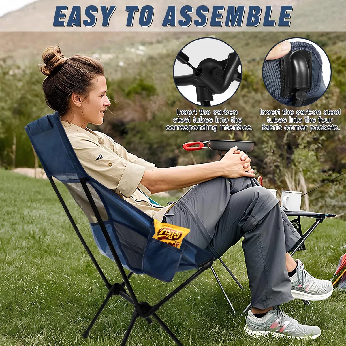Silla de Camping Ligera Plegable, Capacidad de Carga 150kg, Silla de Camping Portátil con Bolsa de Almacenamiento, Silla de Playa Compacta para Picnic, Camping, Viajes, Pesca, Paya - Negro