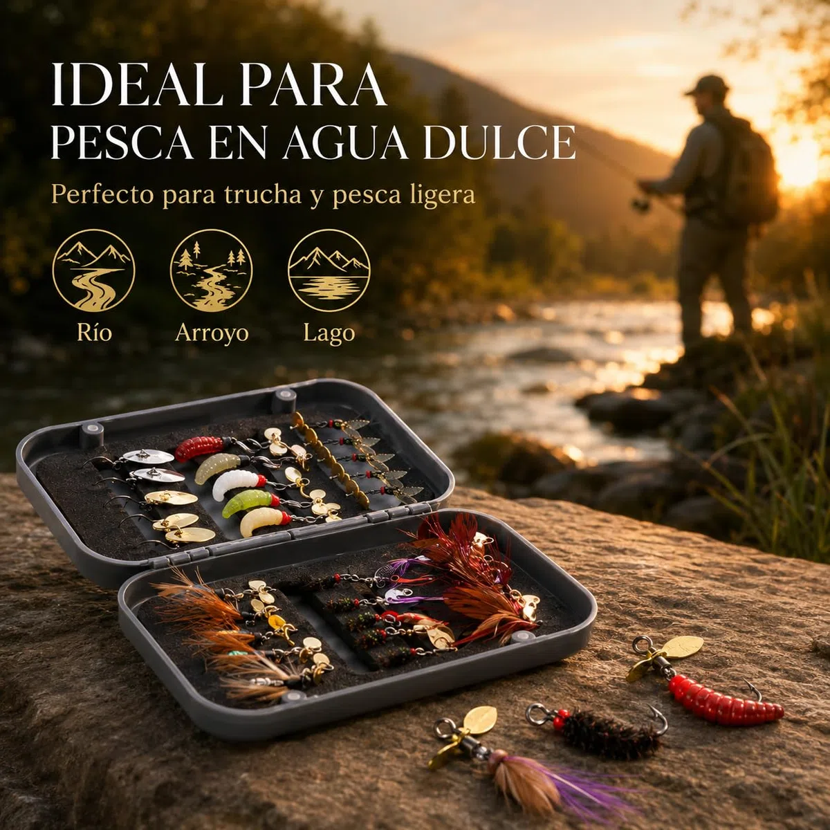 Kit de Señuelos de Pesca 30 Piezas con Caja, Cucharillas Spinner, Moscas Artificiales y Vinilos, Señuelos para Trucha, Black Bass y Pesca en Río
