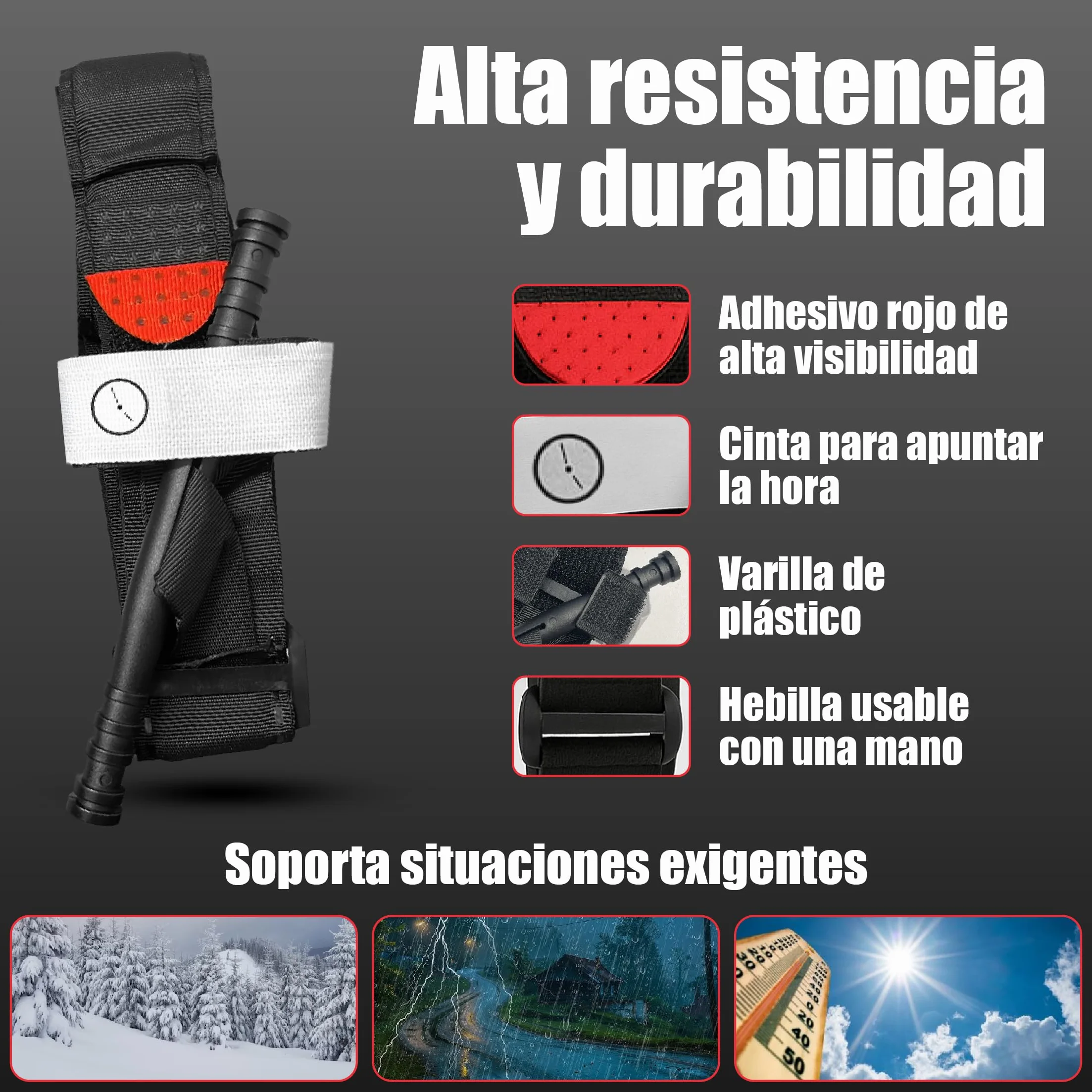 Pack Torniquete Táctico. 5 piezas (torniquete+funda+tijeras+boligrafo+parche) Kit supervivencia homologado hemorragias. Emergencias senderismo, militar, enfermero, policía Botiquín primeros auxilios