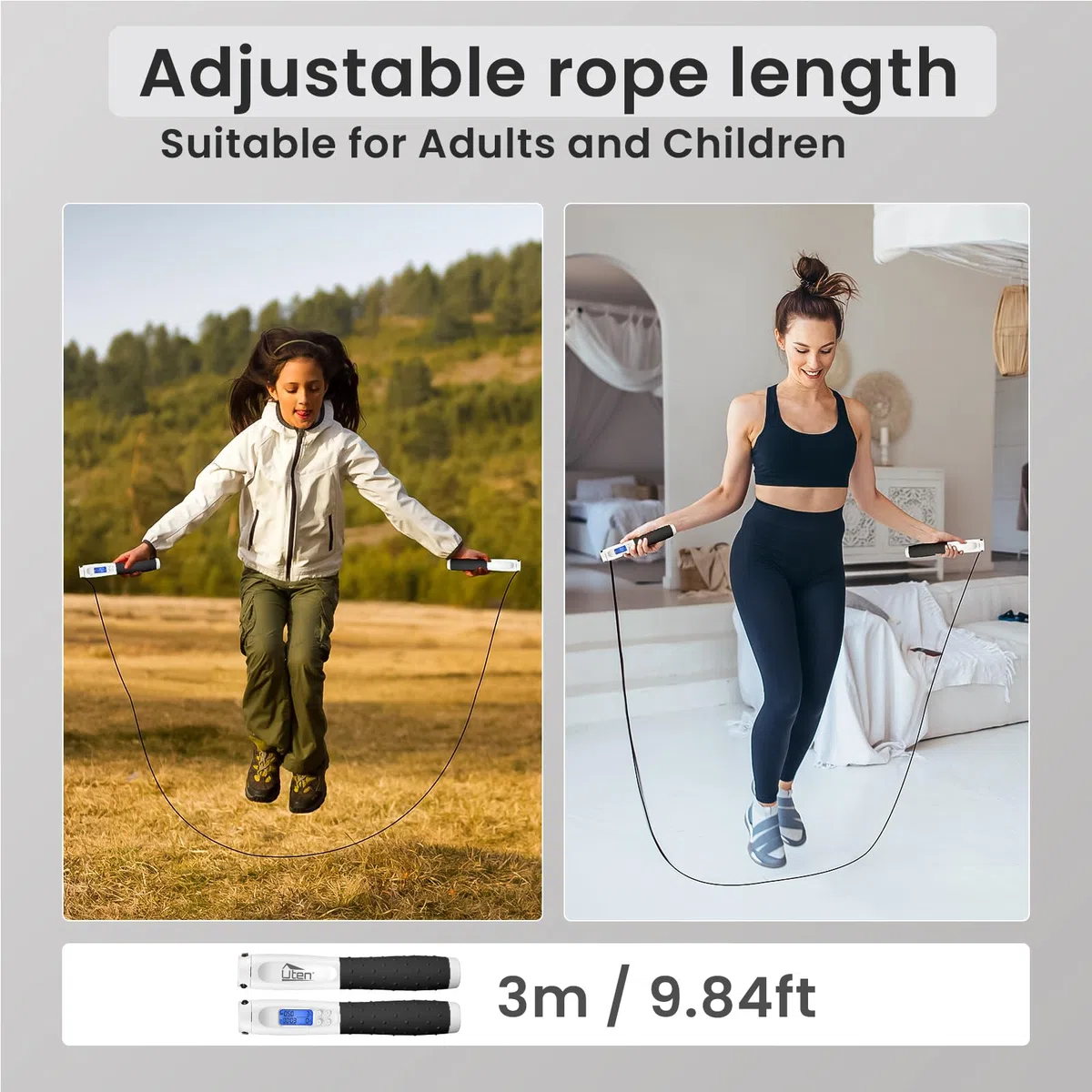 Uten Cuerda para Saltar, con Temporizador y Contador de Calorías, Cuerda para Saltar Inalámbrica, Longitud Ajustable, 3m, Mango Antideslizante, para Fitness, Entrenamiento