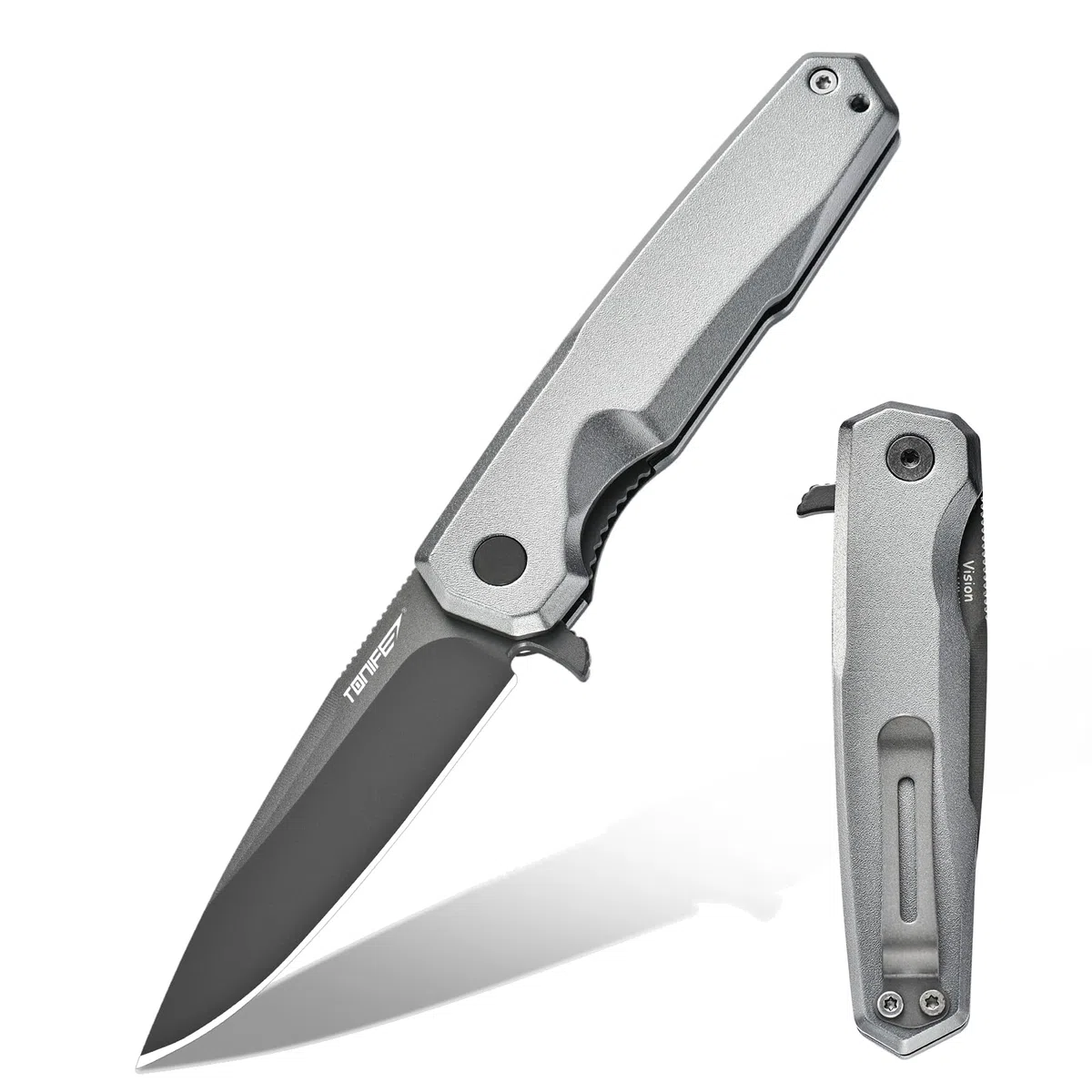TONIFE Visión Cuchillo Plegable al Aire Libre con Hoja de 8Cr14MoV y Mango de Aluminio Cuchillo de Supervivencia con Clip de Bolsillo para Camping Bushcraft (Gris - Gris Titanio)