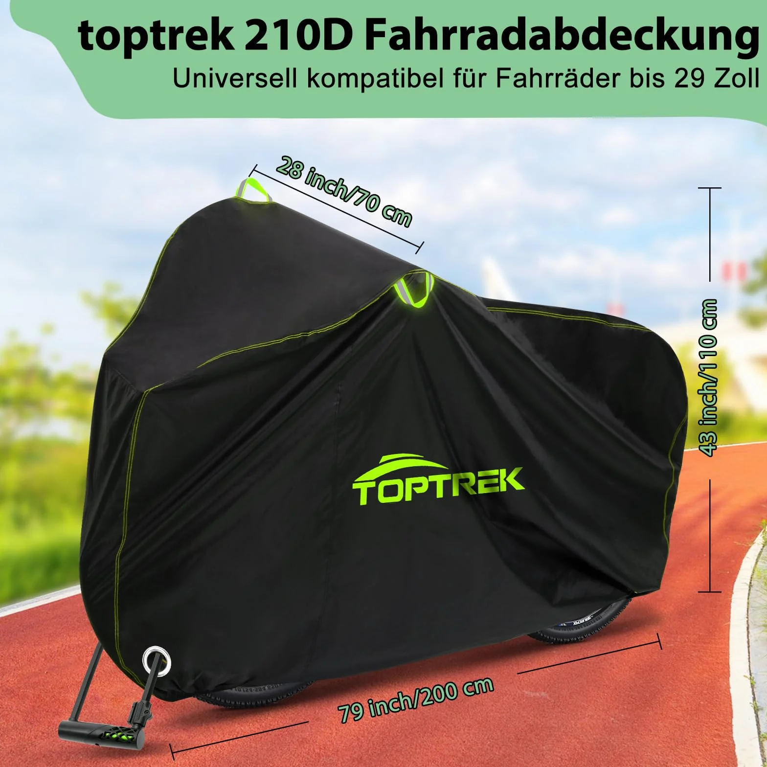 toptrek Funda para bicicleta 210D de tela Oxford, para exteriores, de alta calidad, con ojales, protección solar, resistencia al desgarro con bolsa (negro, 200 x 110 x 70 cm para 1 bicicleta)