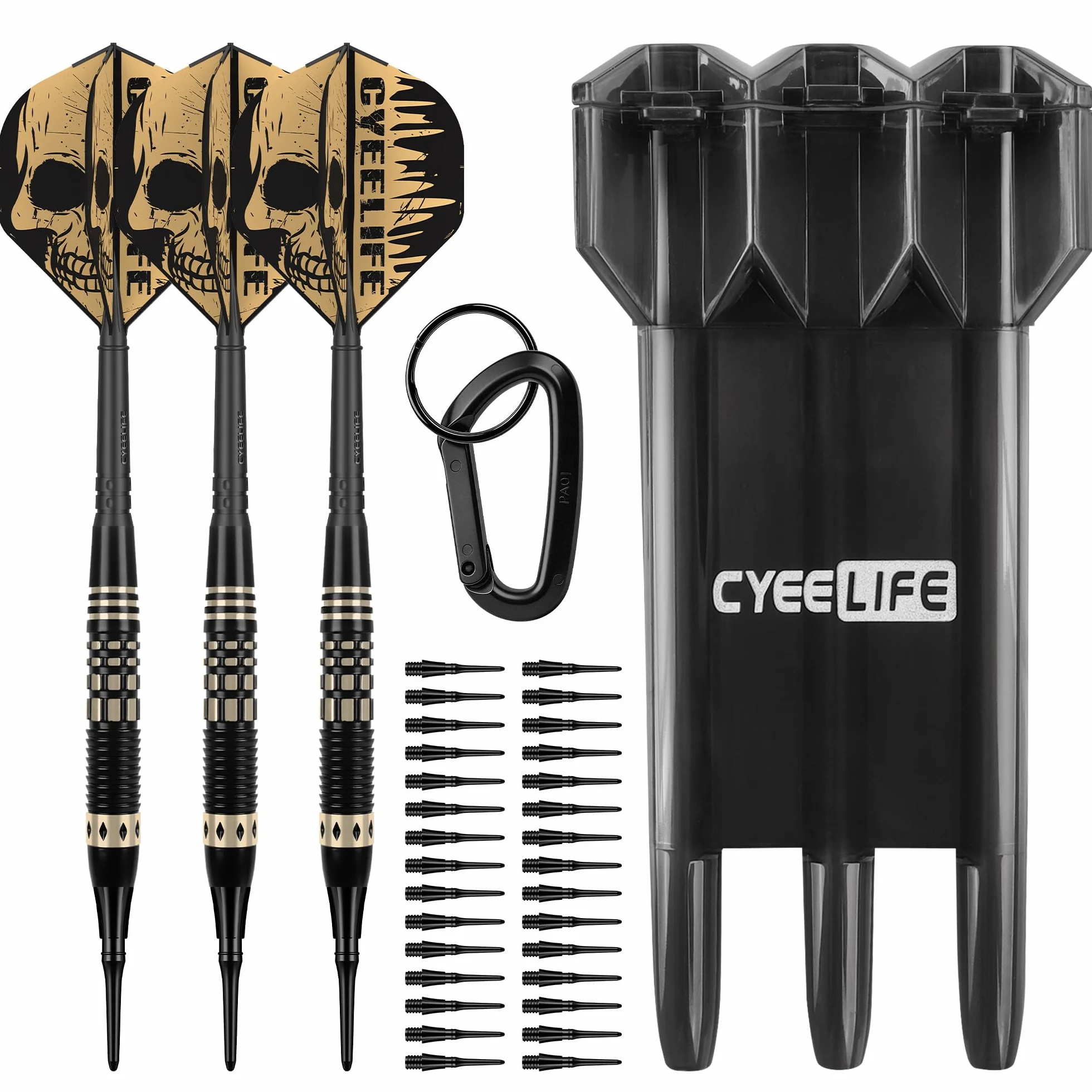 CyeeLife Dardos de punta blanda con funda de transporte de regalo, punta de plástico profesional con barril de latón + 3 aletas de dardo integradas y 30 puntas de plástico, juego de dardos de punta