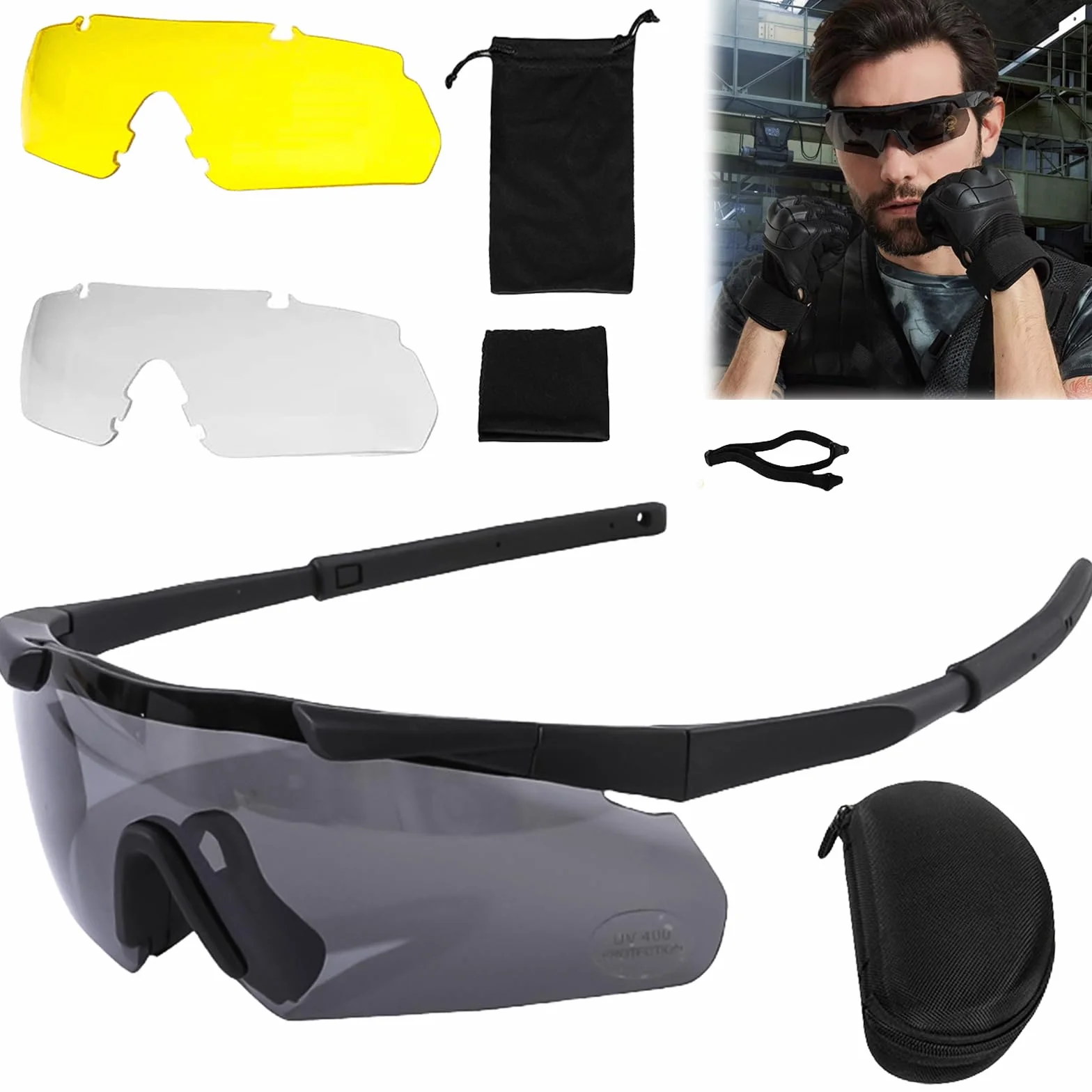 Aicharynic Gafas de tiro con 3 lentes intercambiables, gafas de protección con lentes transparentes antivaho y resistentes a los arañazos, ajustables, resistentes a los golpes, protección láser