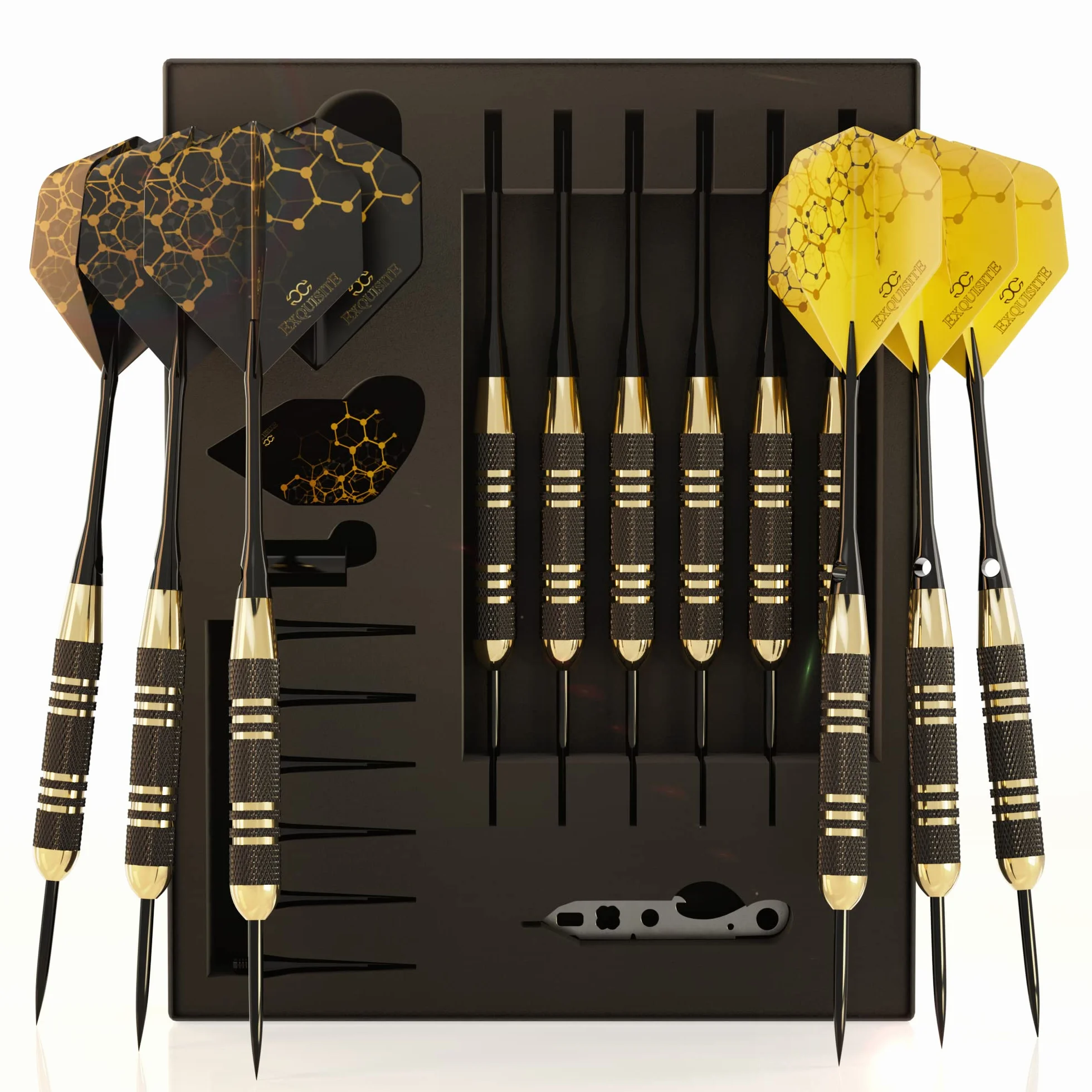 CC-Exquisite Profesional Punta de Acero Dardos Set - 6 x 22g barriles de Metal con 12 vuelos estándar/Delgadas, de Aluminio Ejes 12 35/48 mm, 12 Juntas tóricas, Herramienta de Dardos