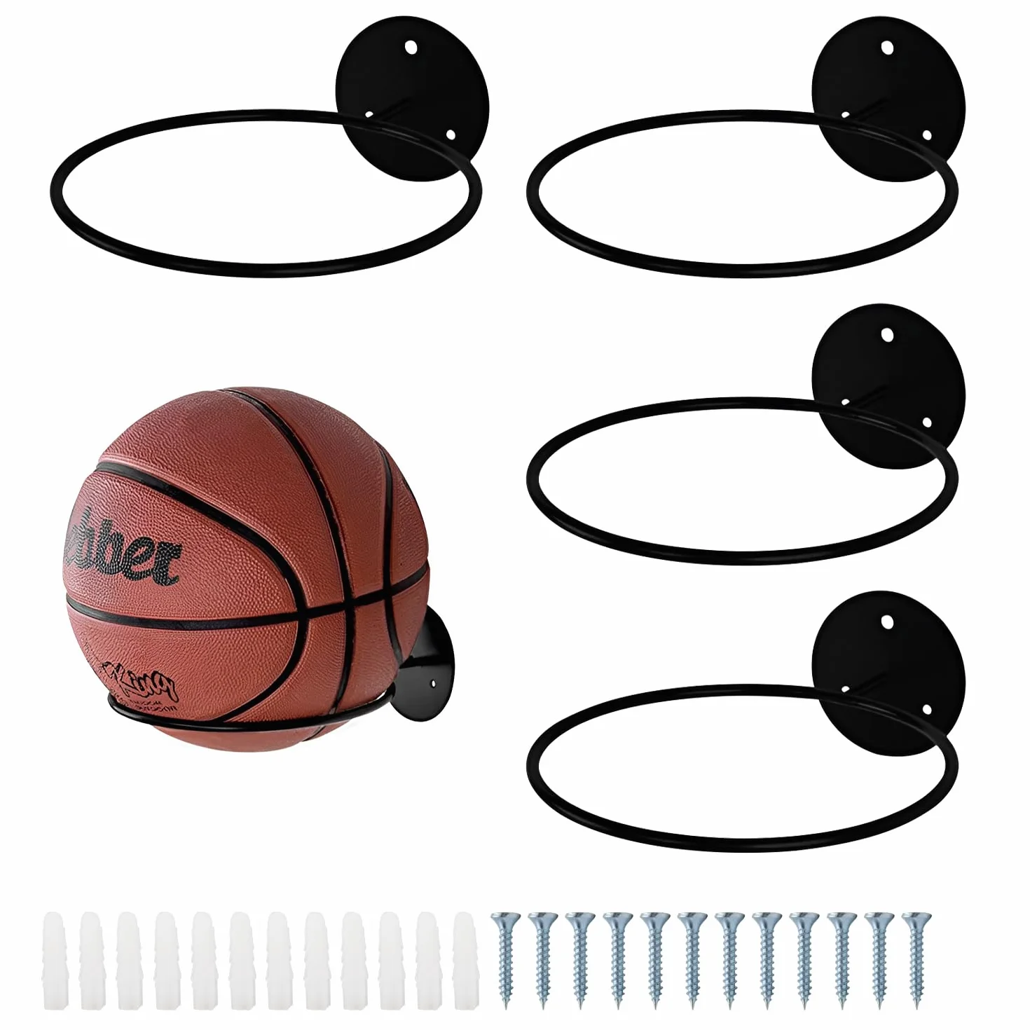 Juego de 4 soportes de pared de metal para baloncesto, soporte de baloncesto con tornillos y tobillo, almacenamiento para globos en la parte superior, soporte de pelota de baloncesto Deco