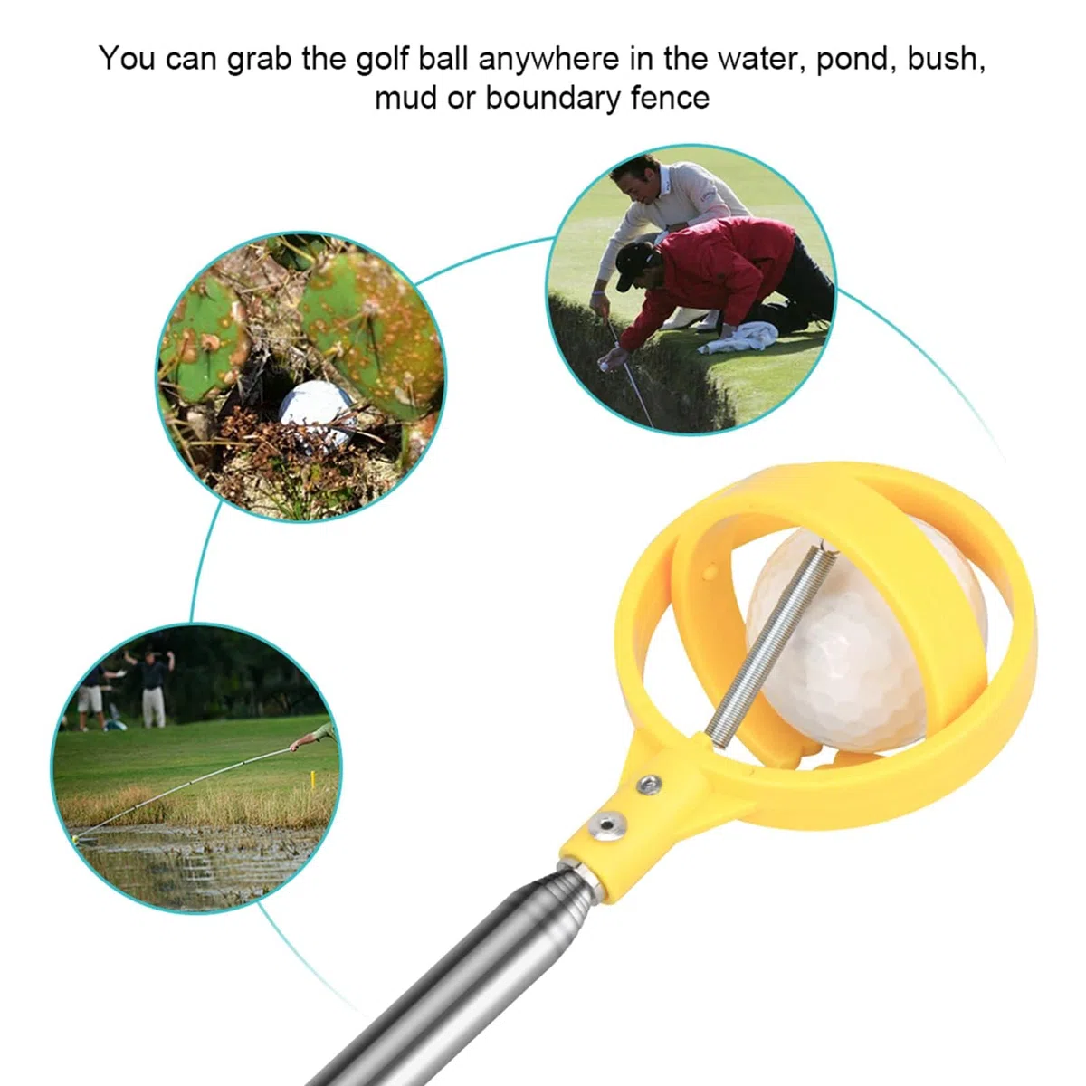 Recogebolas de Golf, Recogedor Telescópico Acero Inoxidable Amarillo para Jugadores de Golf, Entrenamiento en Campo y Practica de Precisión