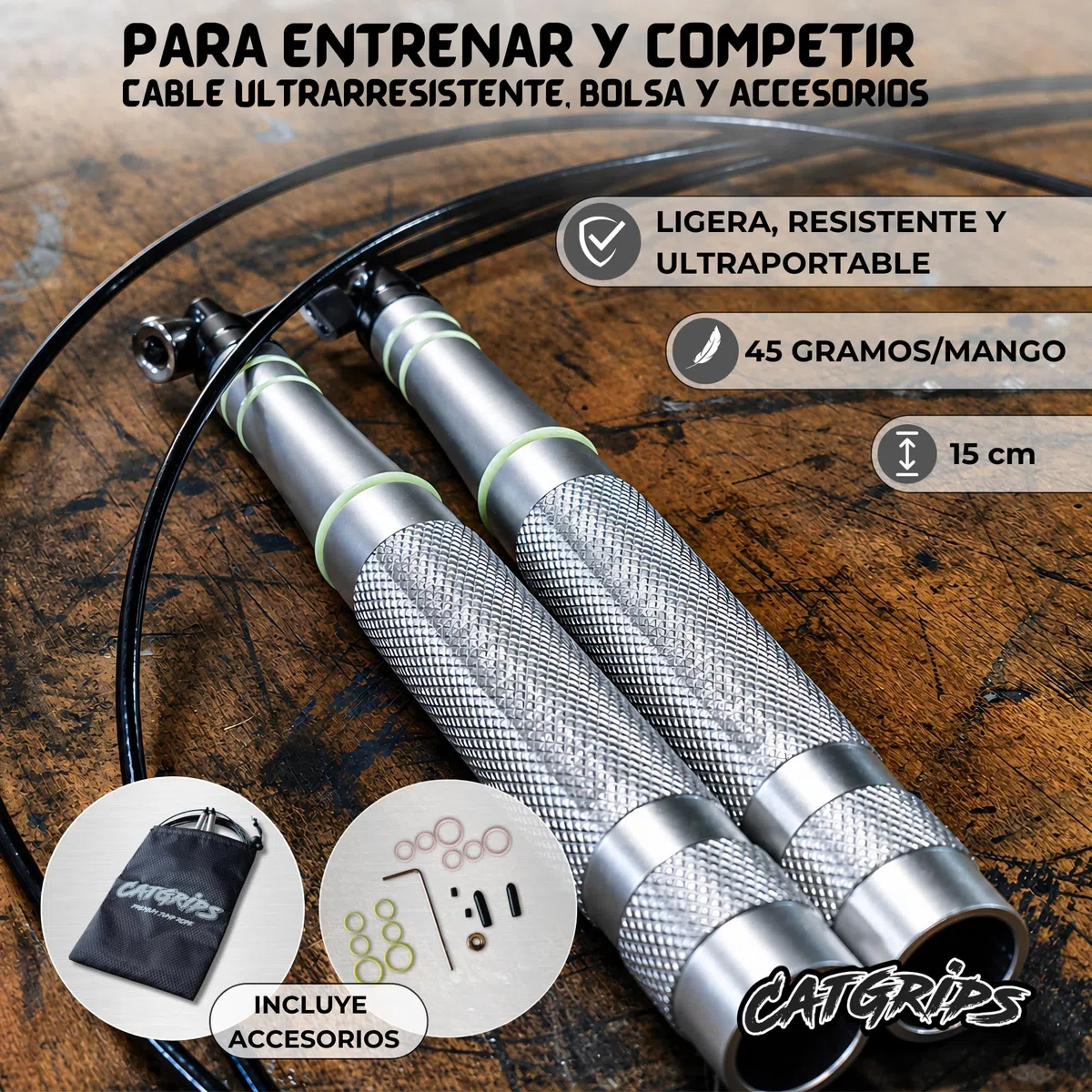 Comba Crossfit de Aluminio Premium – Comba de Saltar Rápida para WOD, Boxeo y Fitness – Comba Boxeo Ultra Ligera - Cuerda Saltar Crossfit con Accesorios y Bolsa de Transporte – CATGRIPS
