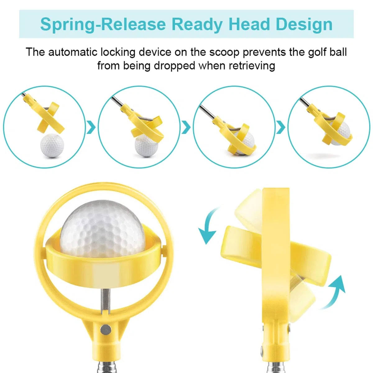 Recogebolas de Golf, Recogedor Telescópico Acero Inoxidable Amarillo para Jugadores de Golf, Entrenamiento en Campo y Practica de Precisión