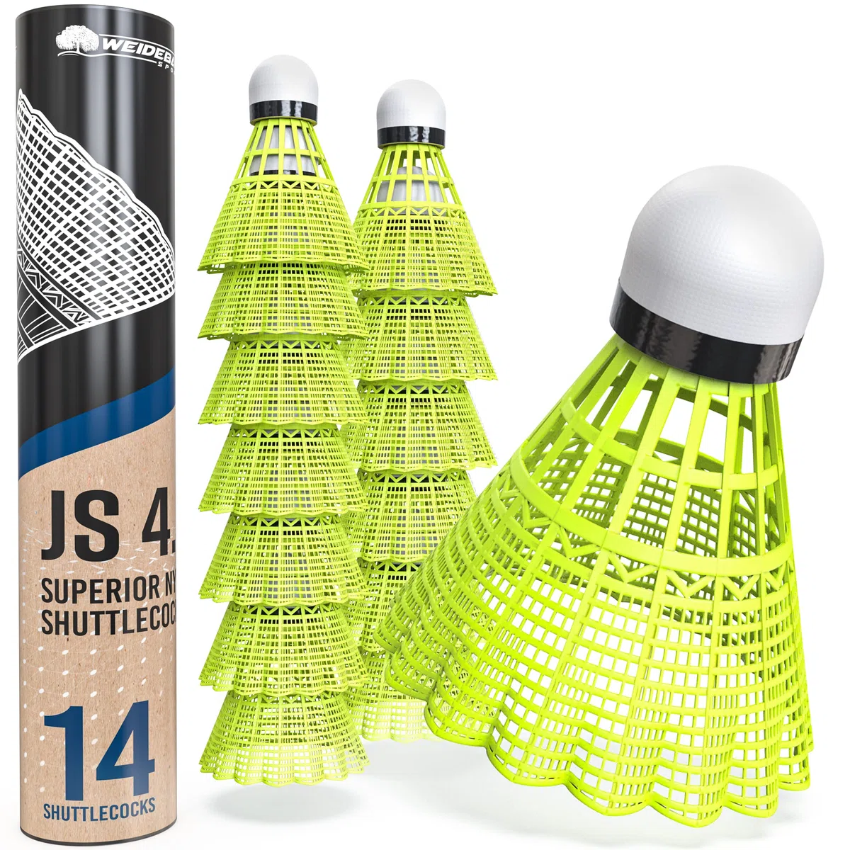 Weidebach® 14 Volantes de bádminton, Volantes de bádminton Amarillos, Volantes de Nylon, Volantes para Principiantes y avanzados, Plumas de bádminton