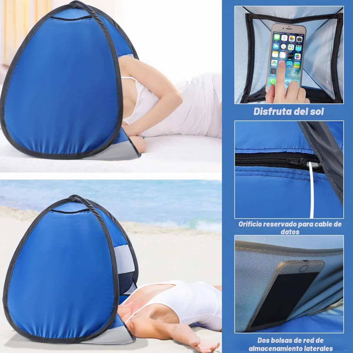 Carpa de Playa emergente Mini Tienda Carpa de Playa portátil Refugio para el Sol Tienda de Campaña Beach Sun con Bolsa de Almacenamiento Tienda de Reposacabezas Para Interior y Exterior,azul