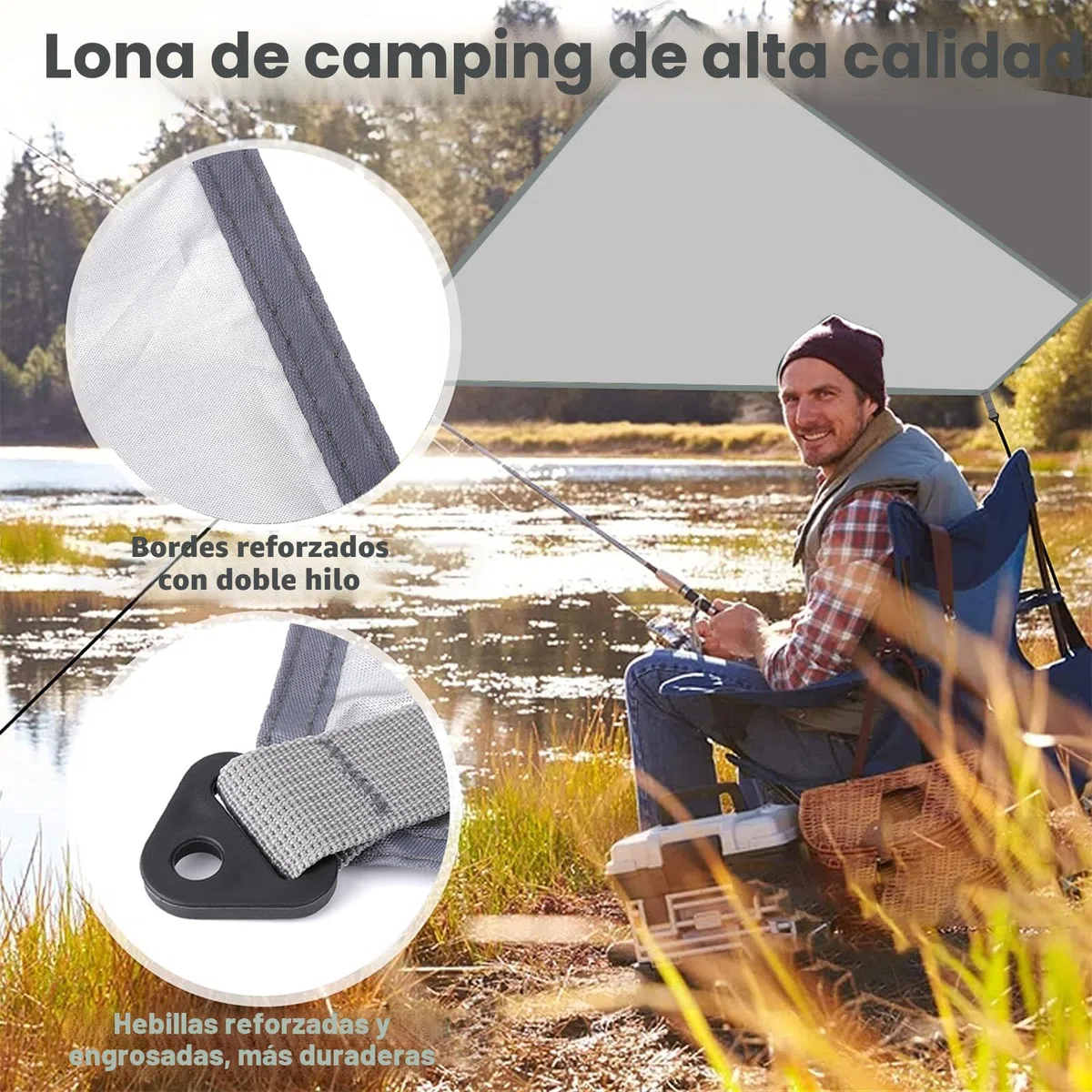 Toldo de Refugio Camping 3x3M, Tienda de Campaña Tarp Impermeable con 6 Cuerdas + 6 Clavos de Tierra + 2 Bolsa de Guarda, Lona Toldo Camping para Vivac, Picnic, Playa, Hamaca, Furgoneta