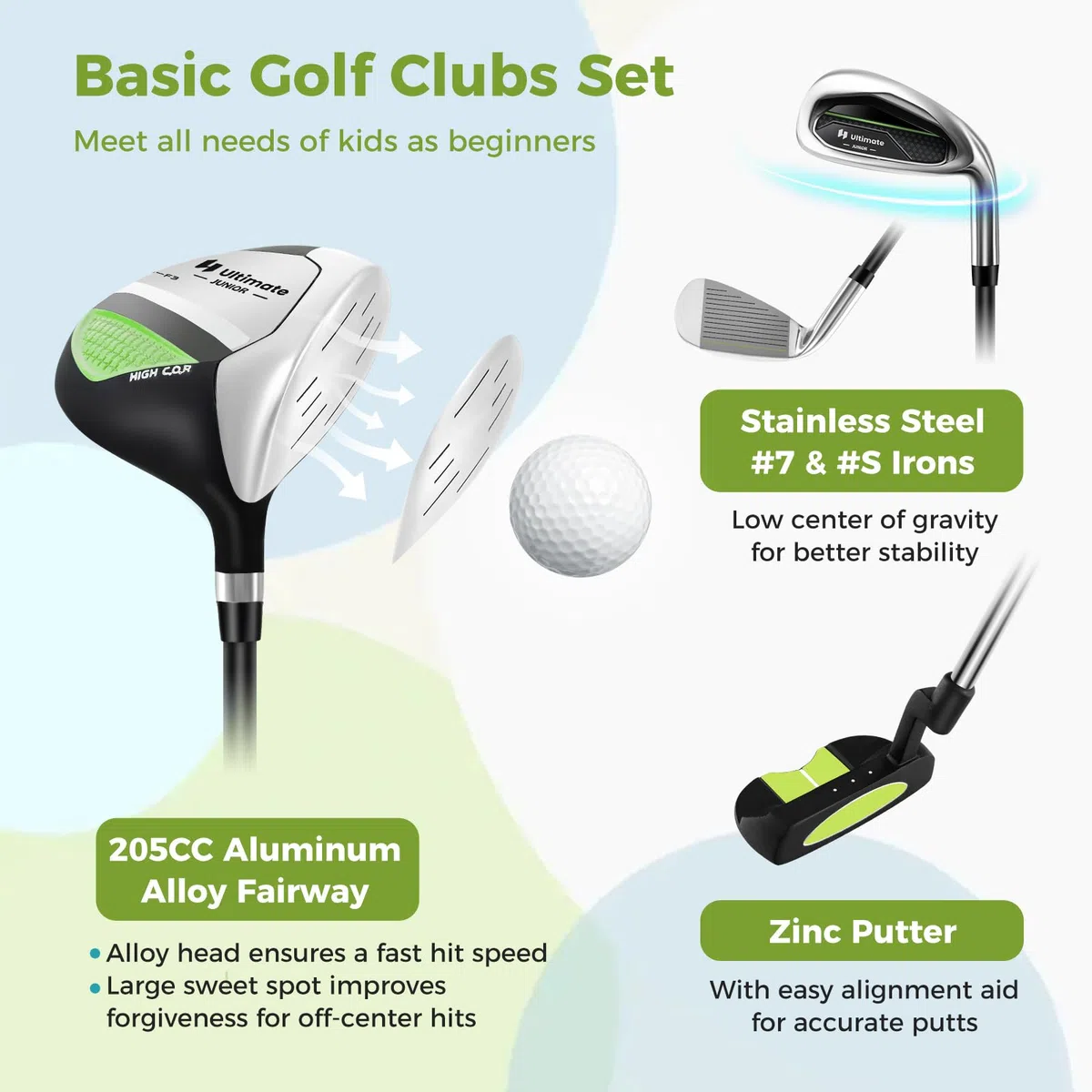 LIFEZEAL Set de Golf para Niños de 5 a 7 Años, Palos de Golf Completos con Bolsa de Transporte Impermeable, Práctica Madera 3, Hierro 7, S y Putter, para Niños diestros