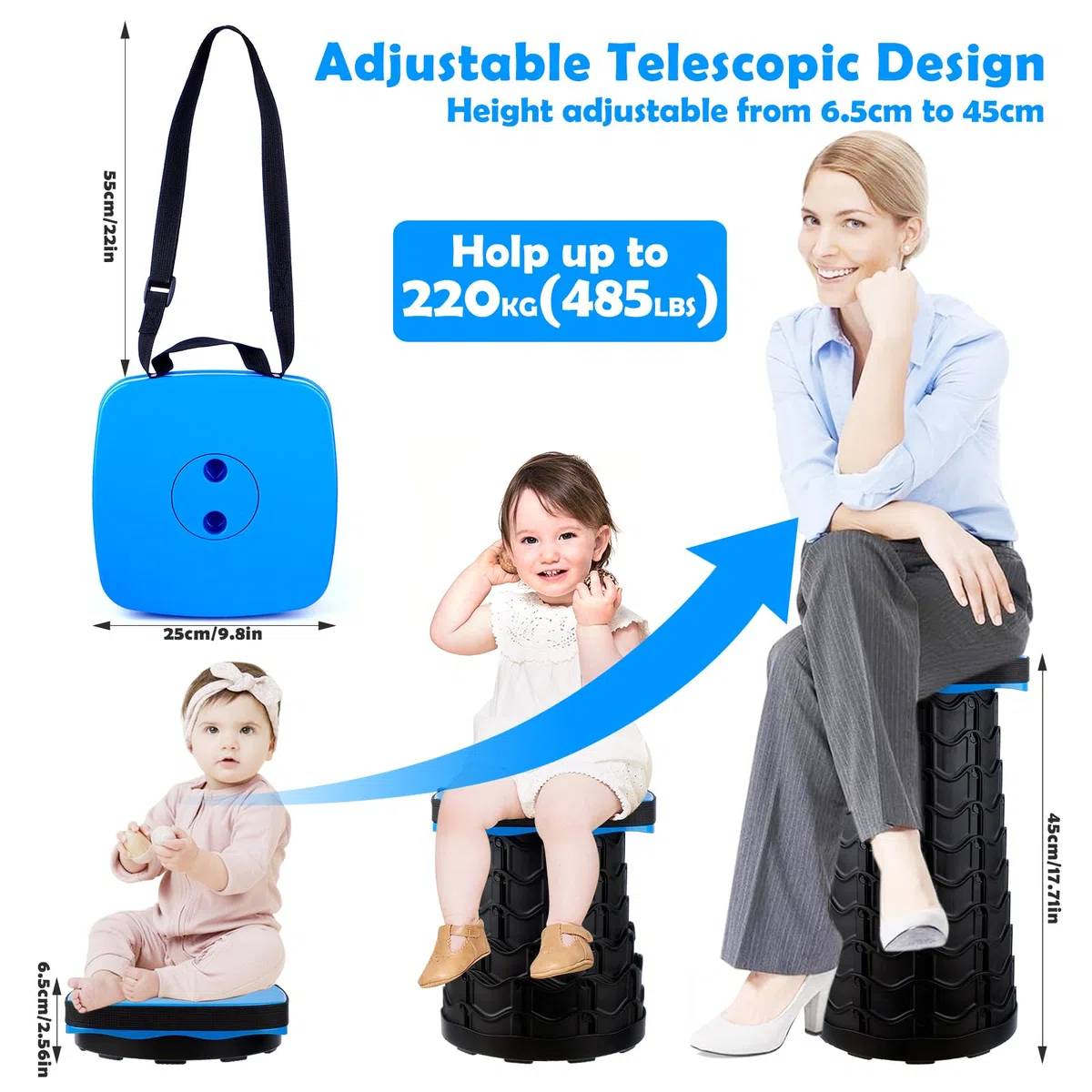 Taburete Plegable Portatil, Taburete Telescópico Azul, Taburete Retráctil, Silla Portatil Ligera para Viajes, Pesca, Senderismo y Camping, Carga Máxima 485LBS/220KG