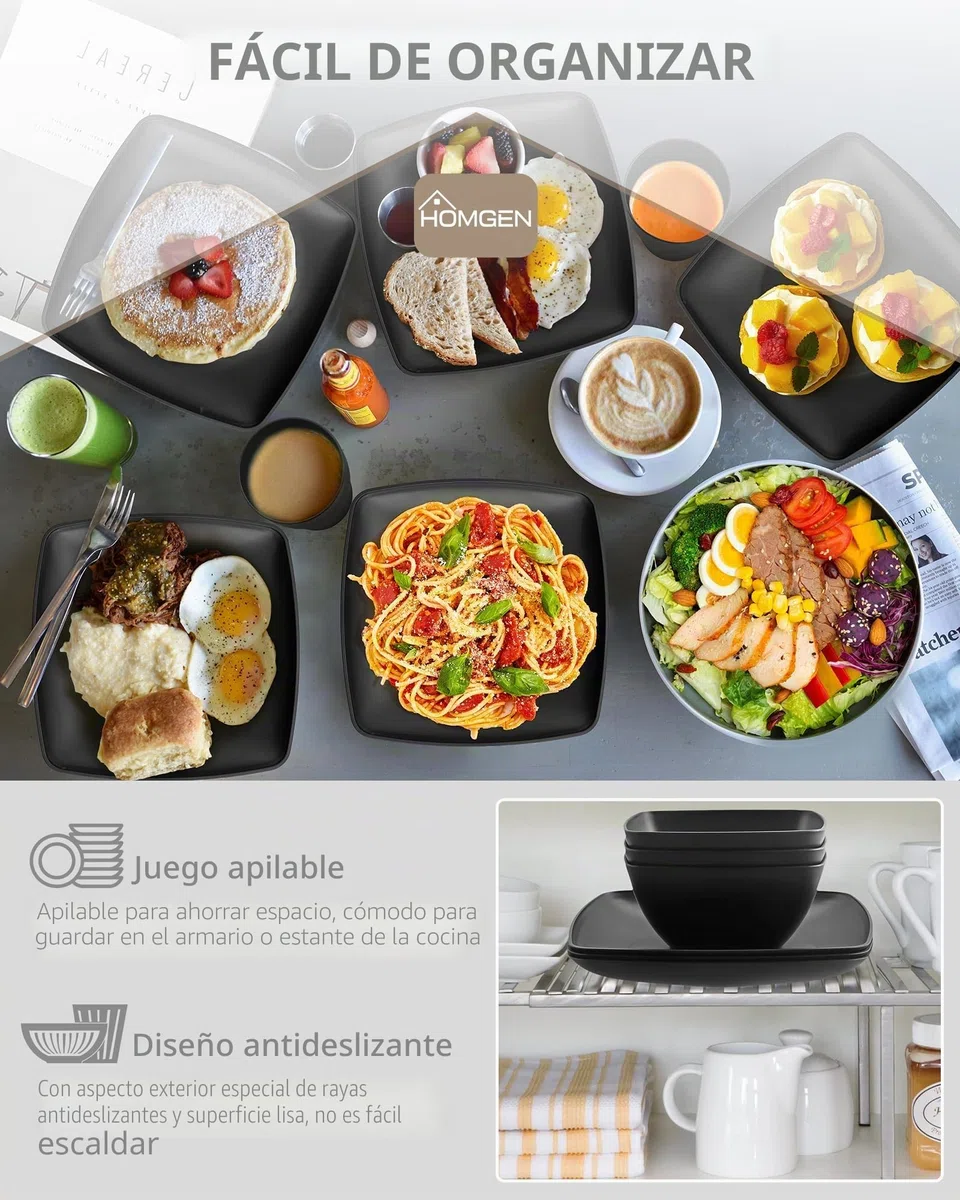 HOMGEN Juego de Platos y Tazones de Plástico de 12 Piezas- Juego de Vajilla Irrompible para Camping 4 Personas - Platos de Cocina Reutilizables, Juego de Cena Apto para Microondas y Lavavajillas