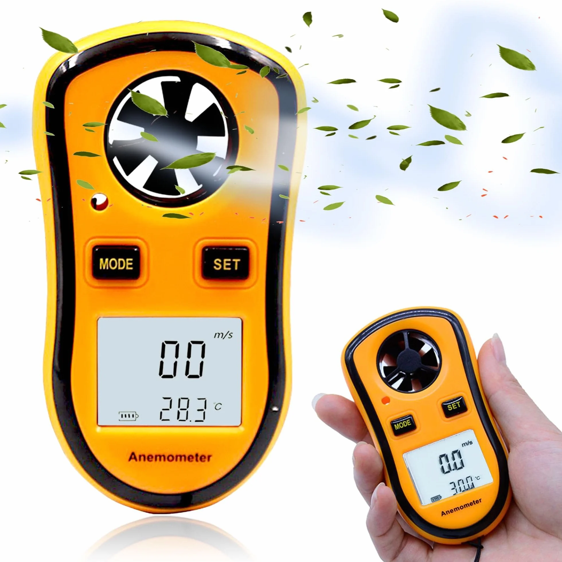 FISHTEC Anemómetro Digital Portátil - Mide la velocidad del viento actual/media/máxima + Temperatura - Pantalla LCD retroiluminada - Ideal para windsurf, pesca, cometas y alpinismo