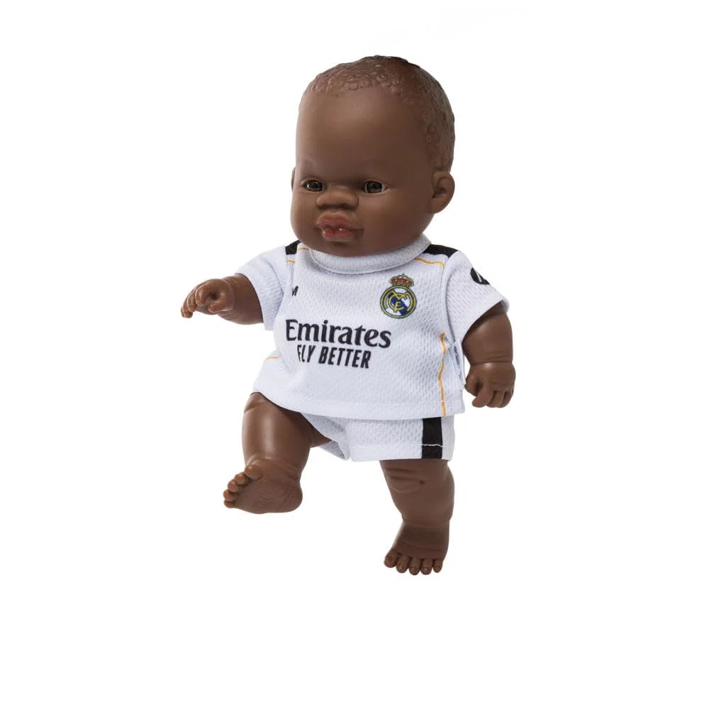 Miniland Real Madrid Muñeco 21 cm con Equipación Oficial Blanca, Muñeco Madrid Fútbol Articulado y Coleccionable, Licencia Oficial | Niño Africano