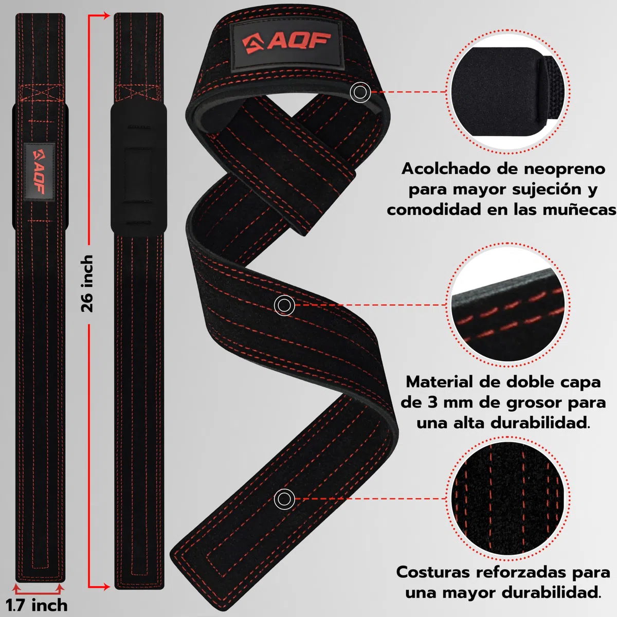 AQF Straps Gym - Correas de Levantamiento de Pesas - 100% Suede Leather Lifting Straps para Entrenamiento de Fuerza de Leso Pesado - Ejercicios Gimnasio Accesorios Fitness Mujer y Hombre