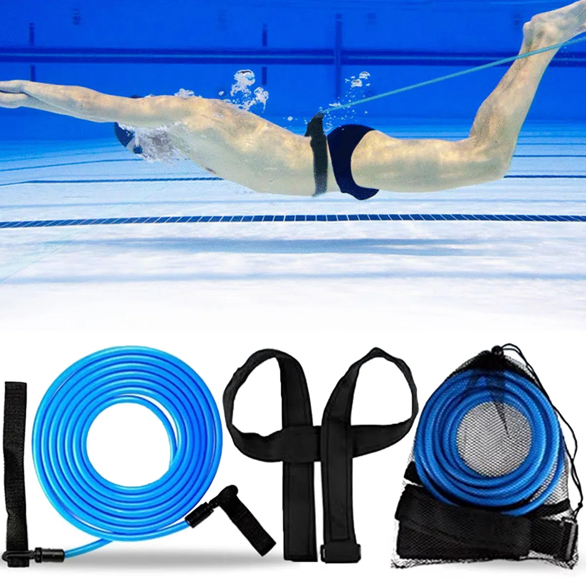 SUQ Cinturón de Natación 4 m, Cinturón de Resistencia para Entrenamiento de Natación, Correa Estática Estacionaria de Natación, Cinturón de Resistencia Ajustable con Arnés de Natación (Azul)
