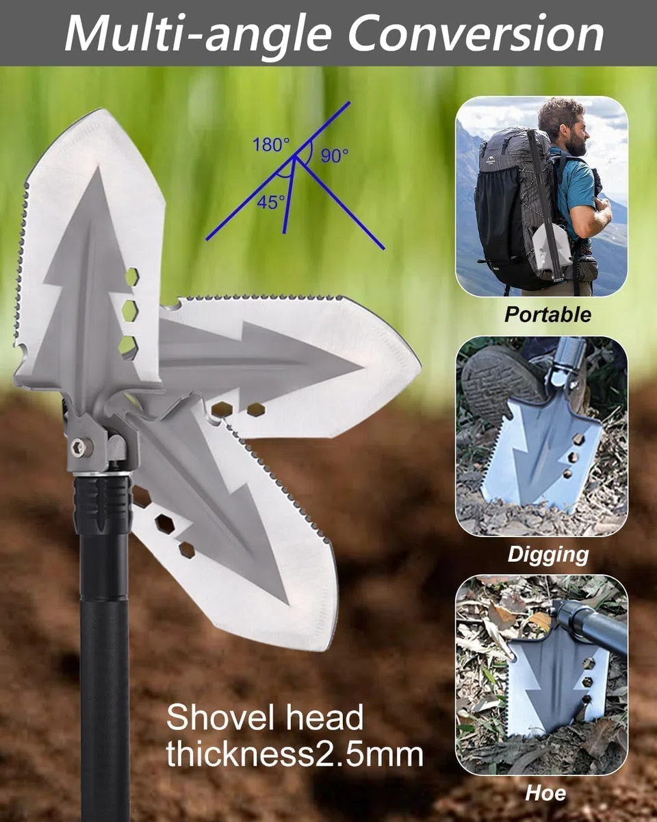 Pala Plegable, Multifuncional Pala 78cm con 3 Combinaciones de Longitud, Pala Plegable 180 Grados, para Supervivencia, Jardín, Camping, Aventura, Senderismo