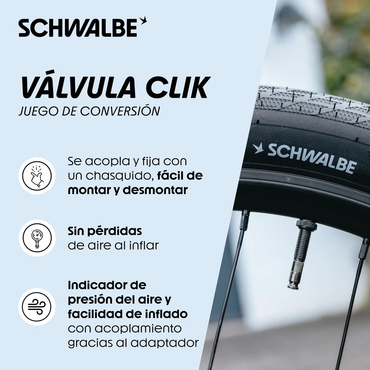Juego de conversión Schwalbe Clik Valve – Innovación en válvulas de Bicicleta para el inflado de neumáticos – Kit de readaptación para válvulas