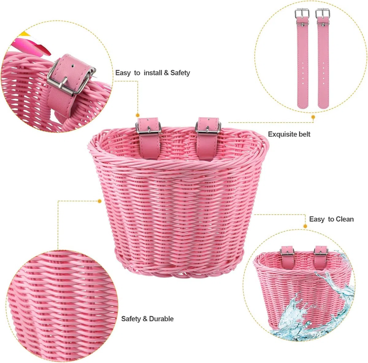Cesta de bicicleta para niños, cesta delantera para niños, con correas de poliuretano, pegatinas, borlas y timbre de bicicleta, accesorios para bicicleta