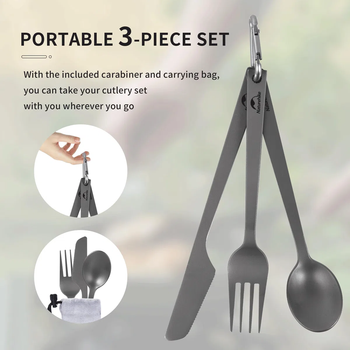 Naturehike Cubiertos de camping, Juego de Cubiertos de Titanio, 3 Piezas, Cuchillo de Cuchara de Titanio, con Mosquetón y Bolsa de Almacenamiento, Ideal para Camping al Aire Libre y Viajes