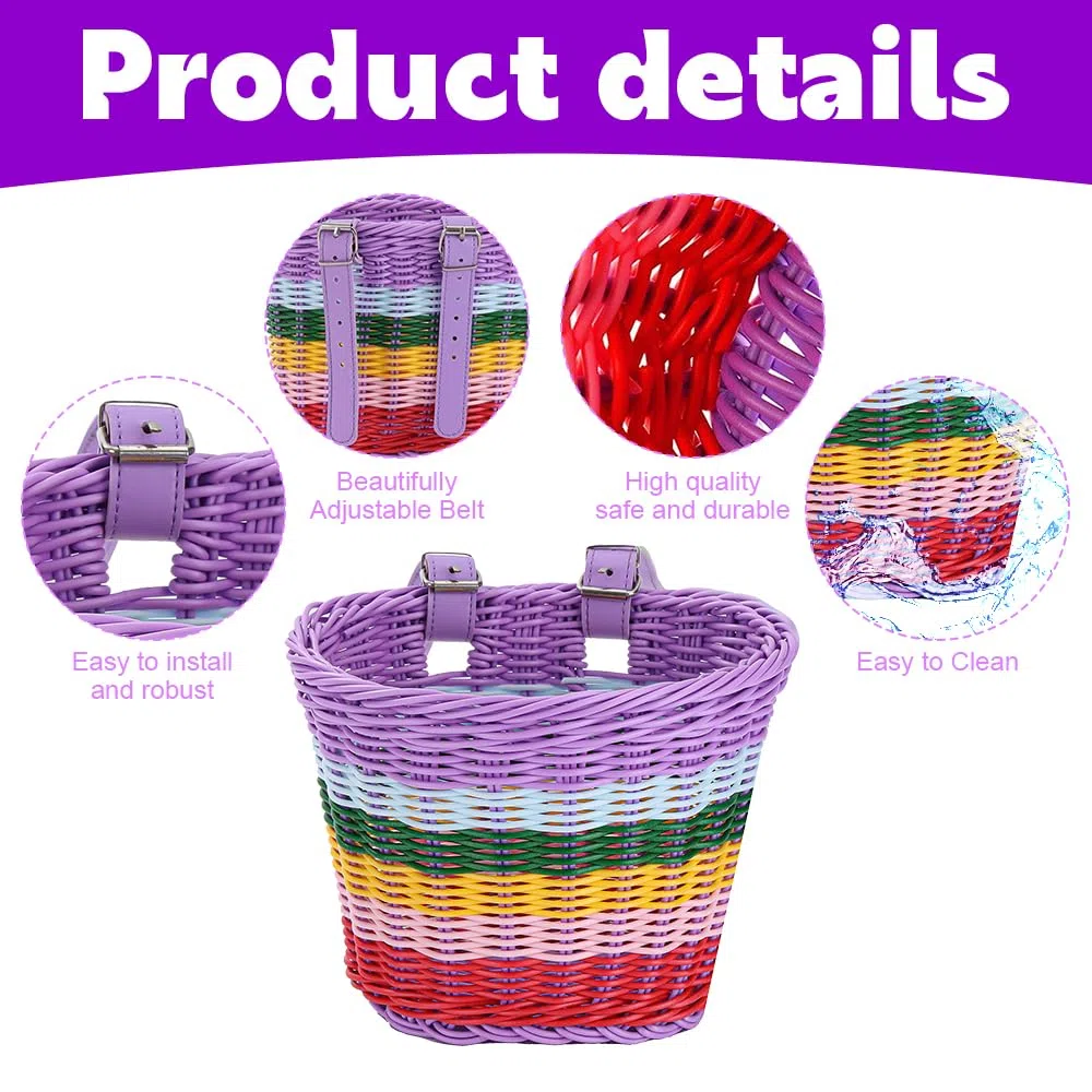 Cesta de Bicicleta para Niños, Cesta Bici Niño, Cesta Lantera Bicicleta Niños, Cesta Bicicleta Desmontable, para Manillar de Bicicleta Infantil, con Timbre, Pegatinas, Serpentinas y Molino