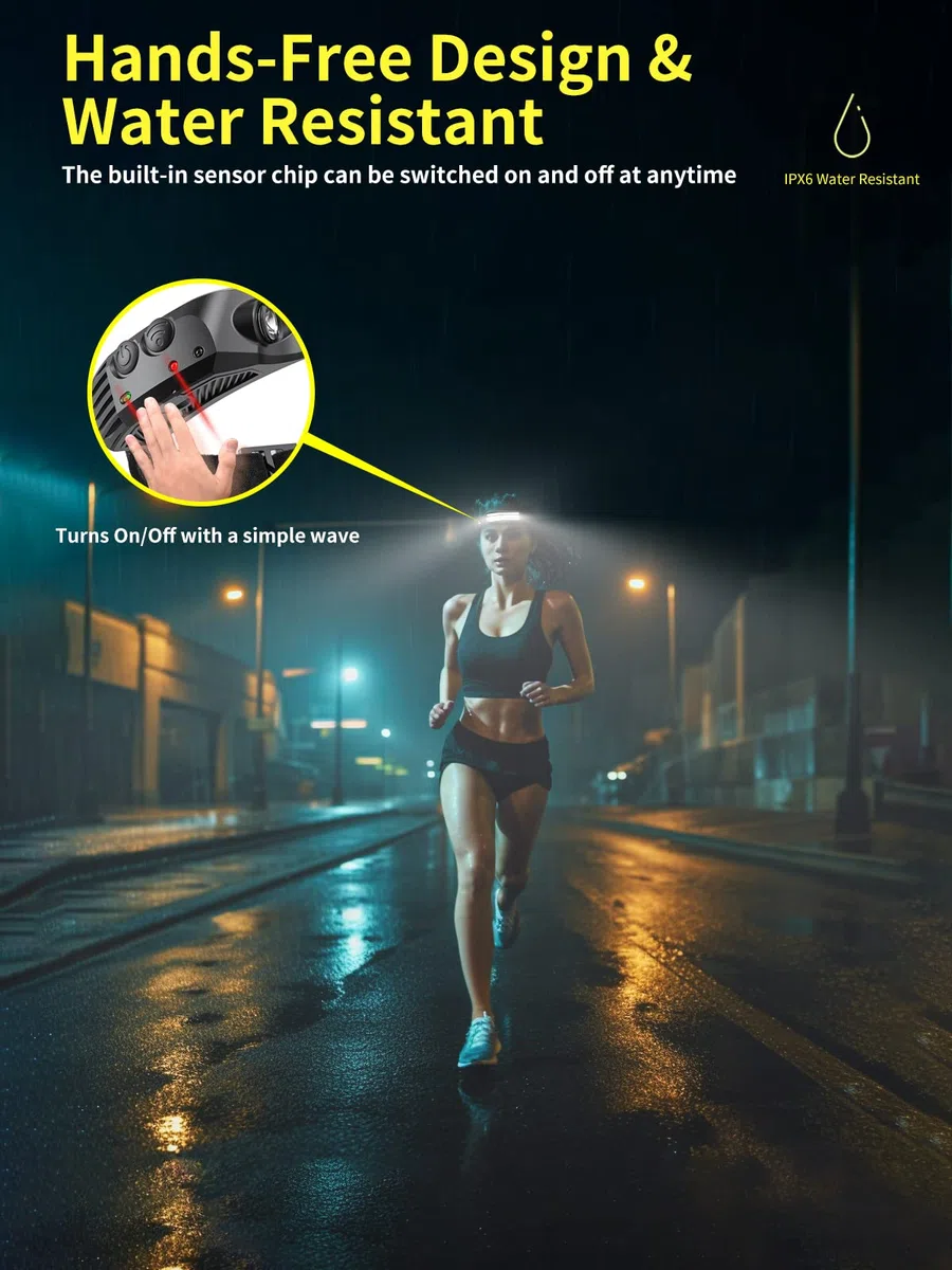 Smiling Shark - Lámpara frontal, 230 °, ángulo ancho, 3 luces LED, luz blanca, recargable con sensor de movimiento impermeable para acampar senderismo, lámpara frontal-LED-Camping-Light