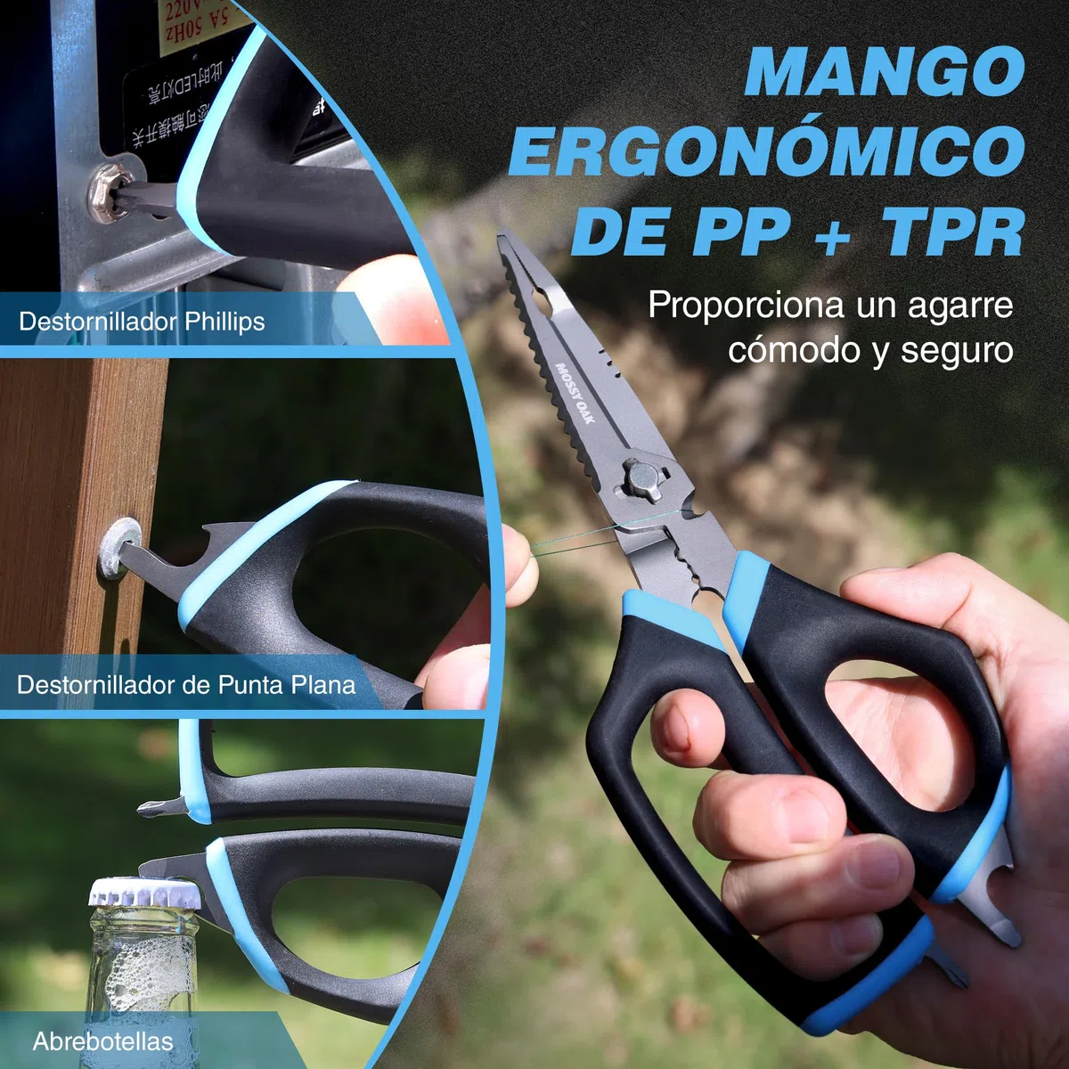 Mossy Oak Alicates de Pesca Multifuncionales con Cortador de Líneas, Sacador de Anzuelos y Raspa Escamas, Acero Inoxidable 5Cr15MoV con Recubrimiento de Titanio, Ideal para Pescadores