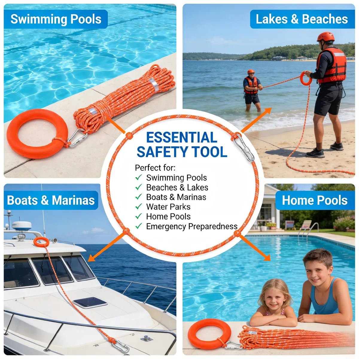 Respicefinem Cuerda Salvavidas con Anillos de Tirón de Gancho 6 mm x 30 m Equipo de Seguridad Flotante de PVC para Piscina y Rescate Profesional Accesorios Esenciales para Seguridad Acuática