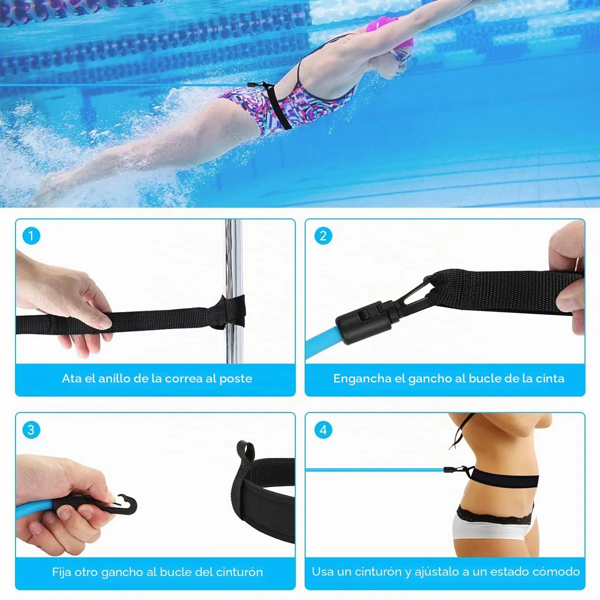 Cinturon Natacion, 4M Cinturon de Resistencia Natacion Ajustable, Nadathlon Estatico, Cinturon Entrenamiento Natacion para Adultos y Niños, de Uso Profesional, Amateur o Recreativo
