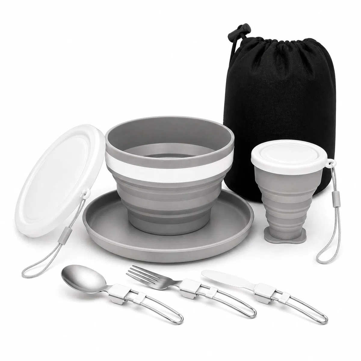 Juego de menaje camping plegable 6 en 1 – Incluye cuchillo, cuchara, tenedor acero inoxidable, taza, cuenco, plato y bolsa. Ideal para viajes, senderismo, picnic y acampada