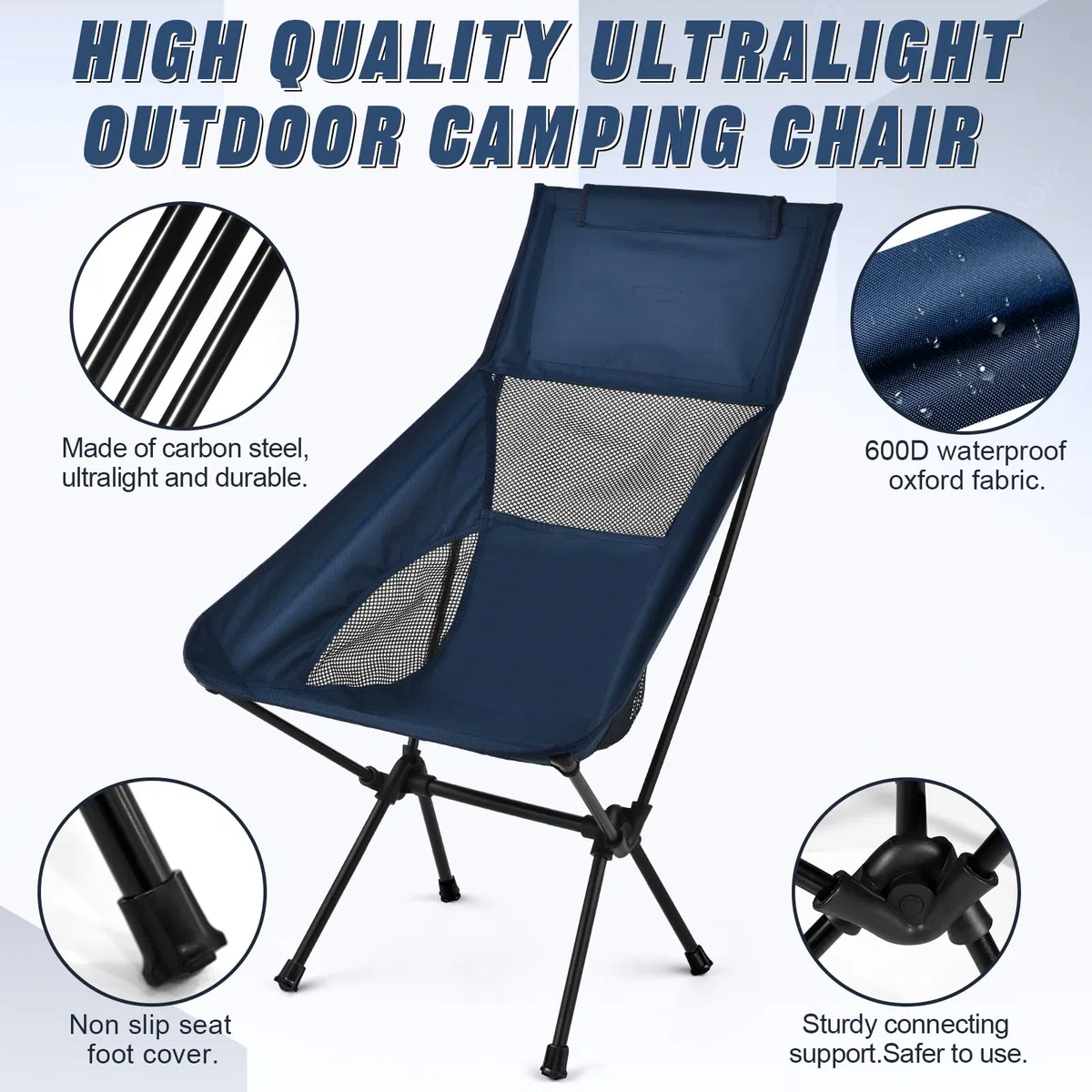 Silla de Camping Ligera Plegable, Capacidad de Carga 150kg, Silla de Camping Portátil con Bolsa de Almacenamiento, Silla de Playa Compacta para Picnic, Camping, Viajes, Pesca, Paya - Negro