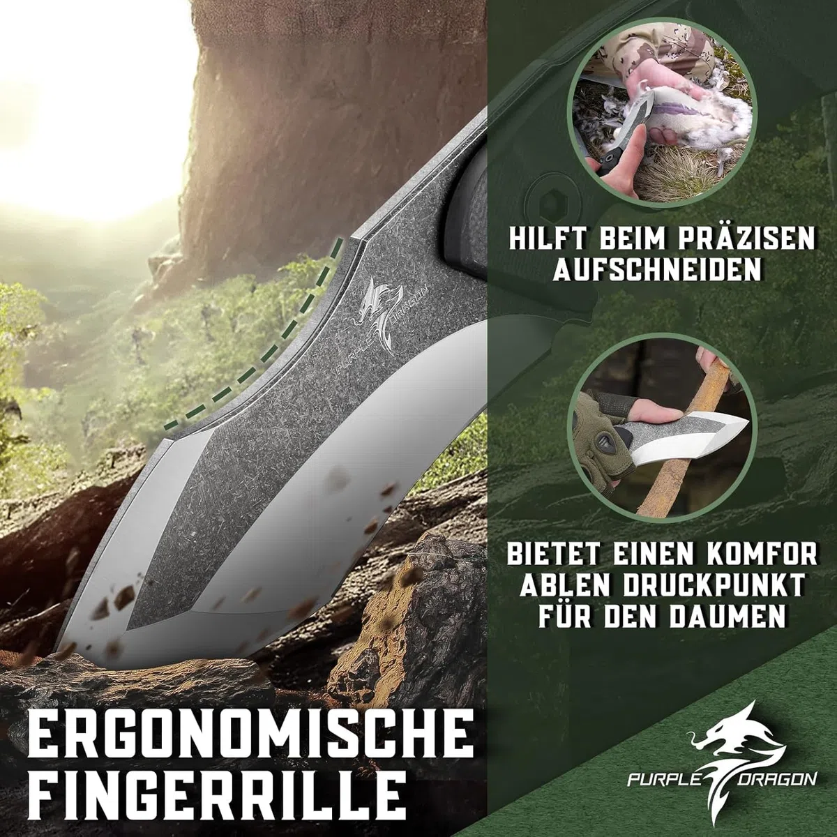 Purple Dragon Cuchillo de Supervivencia al Aire Libre, Full Tang Cuchillo de Supervivencia con Mango G10, Hoja Fija de Acero D2, Camping Cuchillo Kydex Funda, Regalo Para los Hombres