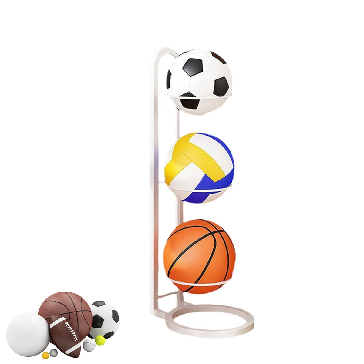 Estante Almacenamiento Pelotas, Soporte Baloncesto, Organizador Equipos Deportivos Garaje con Cesta, Estante Exhibición Vertical para Fútbol, Voleibol, Soporte Almacenamiento Pelotas