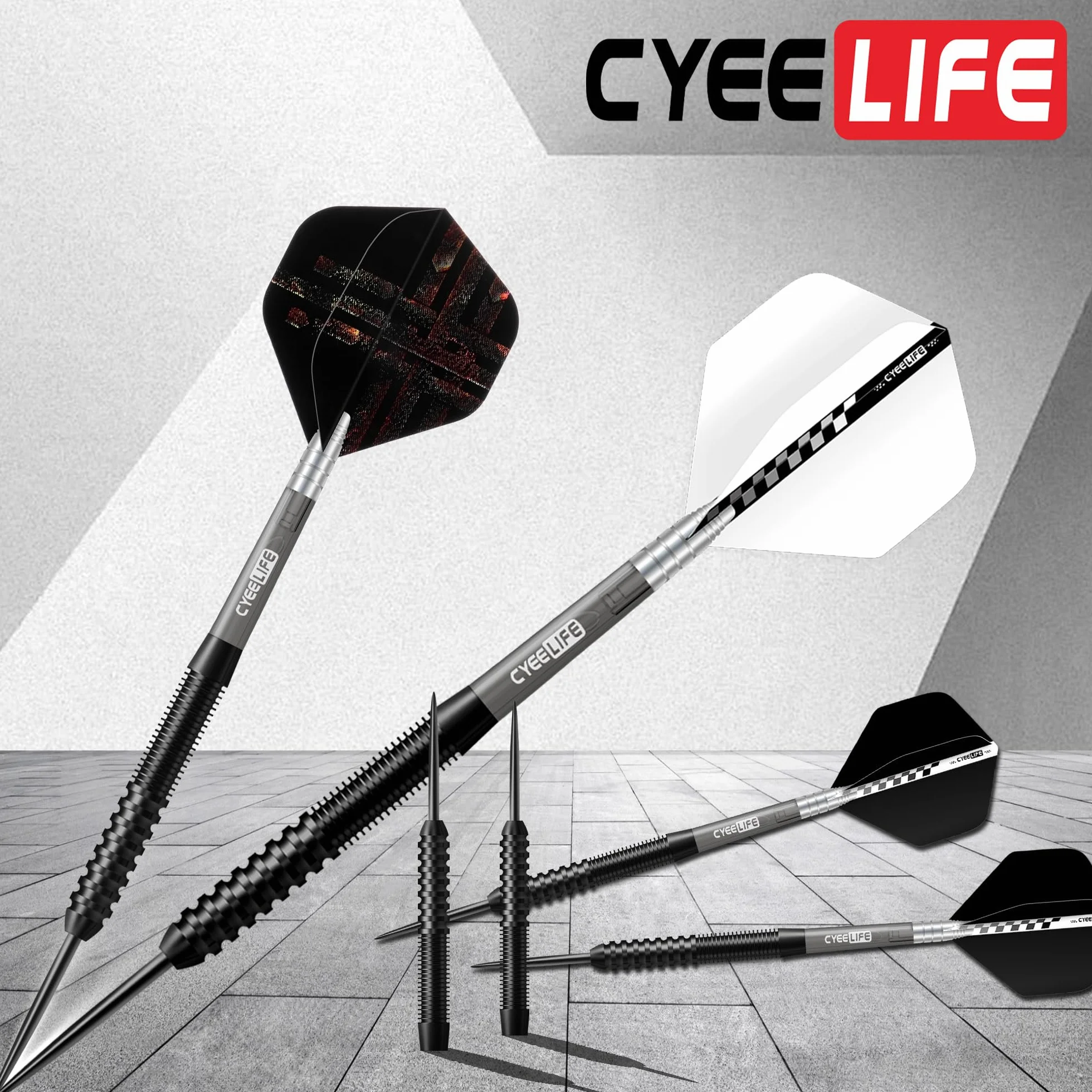 CyeeLife Juego de Dardos de tungsteno de 23 Gramos, Dardos Profesionales de Acero con 3 cañas, 9 Plumas y 1 afilador, Dardos con Punta de Metal (Negro)