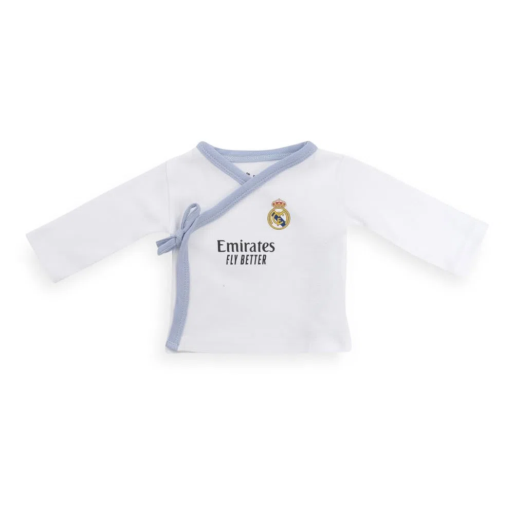 Interbaby - Set Regalo 5 Piezas del Real Madrid - Primera Puesta Bebé Recien Nacido - Compuesto por Gorro, Camisa, Polaina, Manopla y Babero. Edad 0-6 meses.