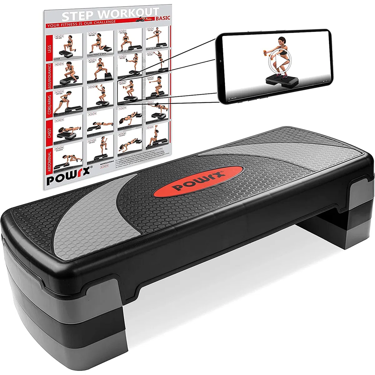 POWRX Step fitness/aeróbic escalón XL (80 x 30 cm) - Stepper ideal para ejercicios en casa y gimnasio - Altura regulable y superficie antideslizante + PDF workout (Negro/Gris)