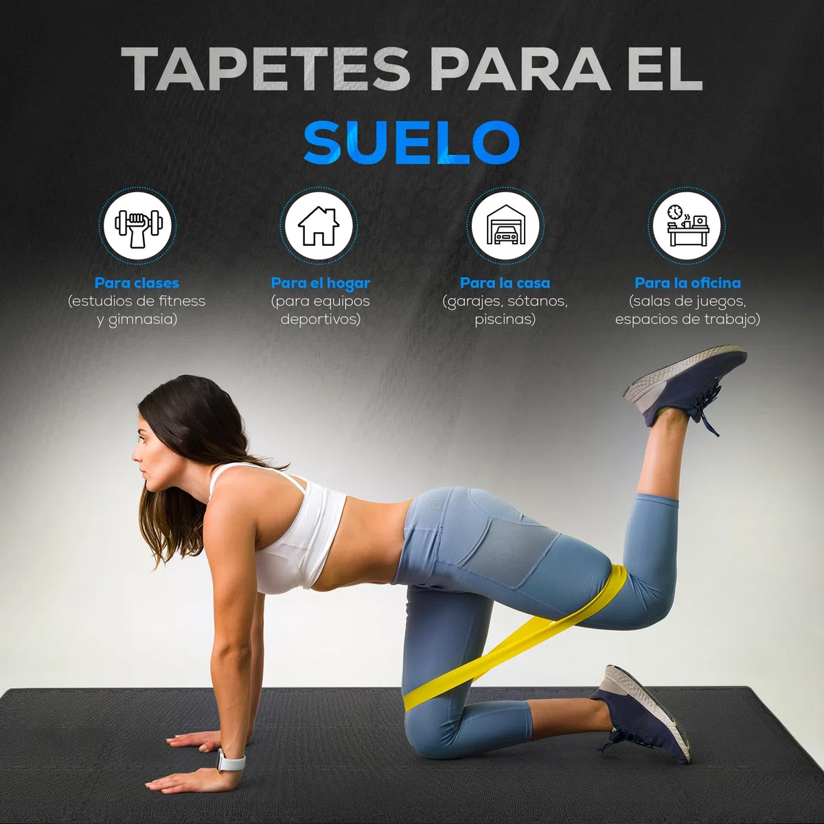 Set de suelo gimnasio + 5 gomas elasticas musculacion - Alfombra tatami antideslizante para gimnasio en casa, Esterilla Fitness para apoyo de banco musculación, pesas y mancuernas en tu gym