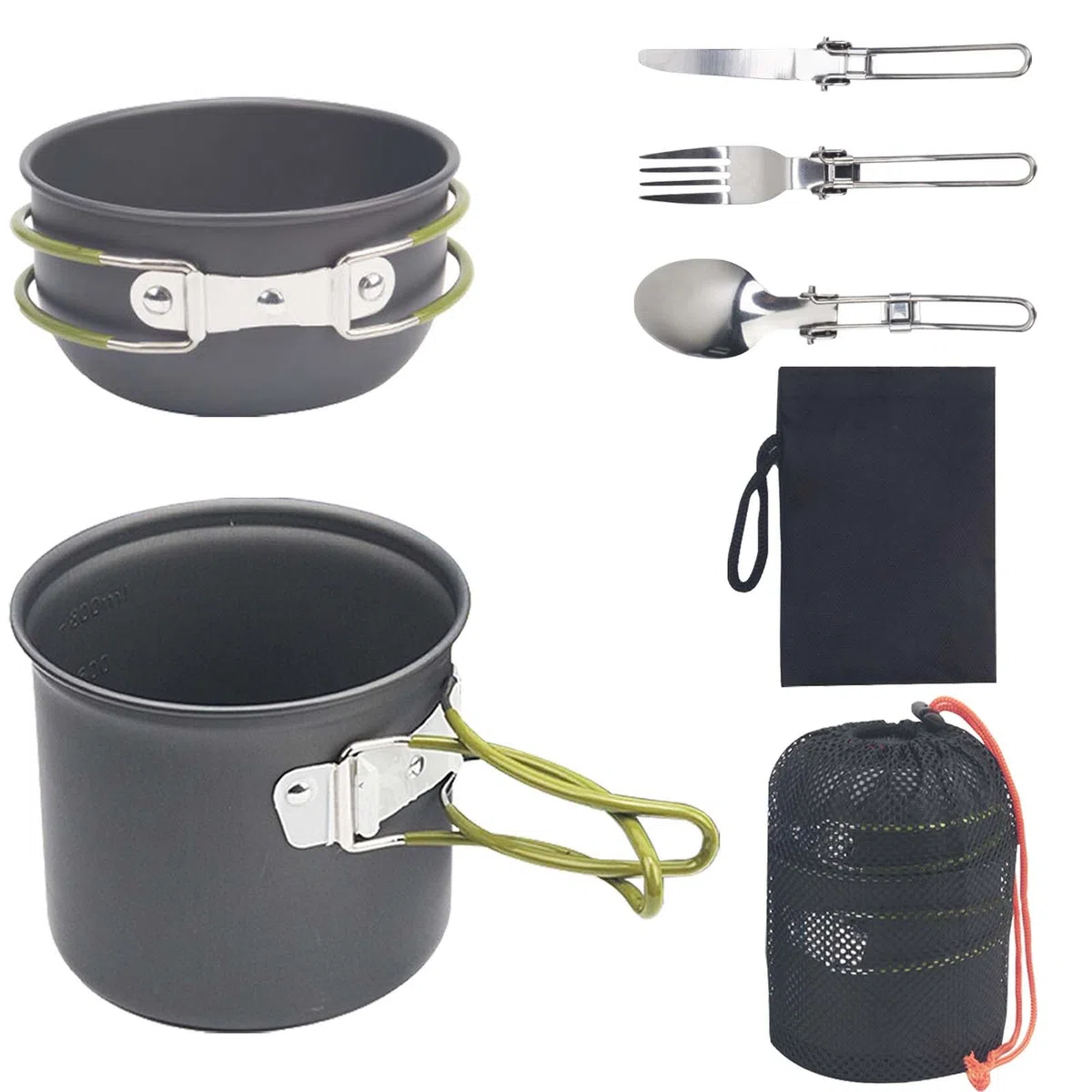 Juego de utensilios de cocina para camping para 1-2 personas, vajilla de aluminio portátil, cacerola con cubiertos plegables, cubiertos para exteriores