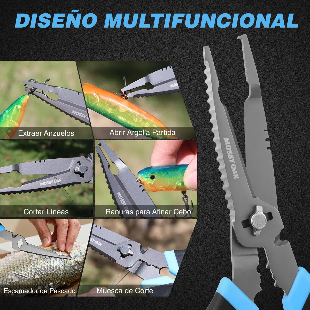 Mossy Oak Alicates de Pesca Multifuncionales con Cortador de Líneas, Sacador de Anzuelos y Raspa Escamas, Acero Inoxidable 5Cr15MoV con Recubrimiento de Titanio, Ideal para Pescadores