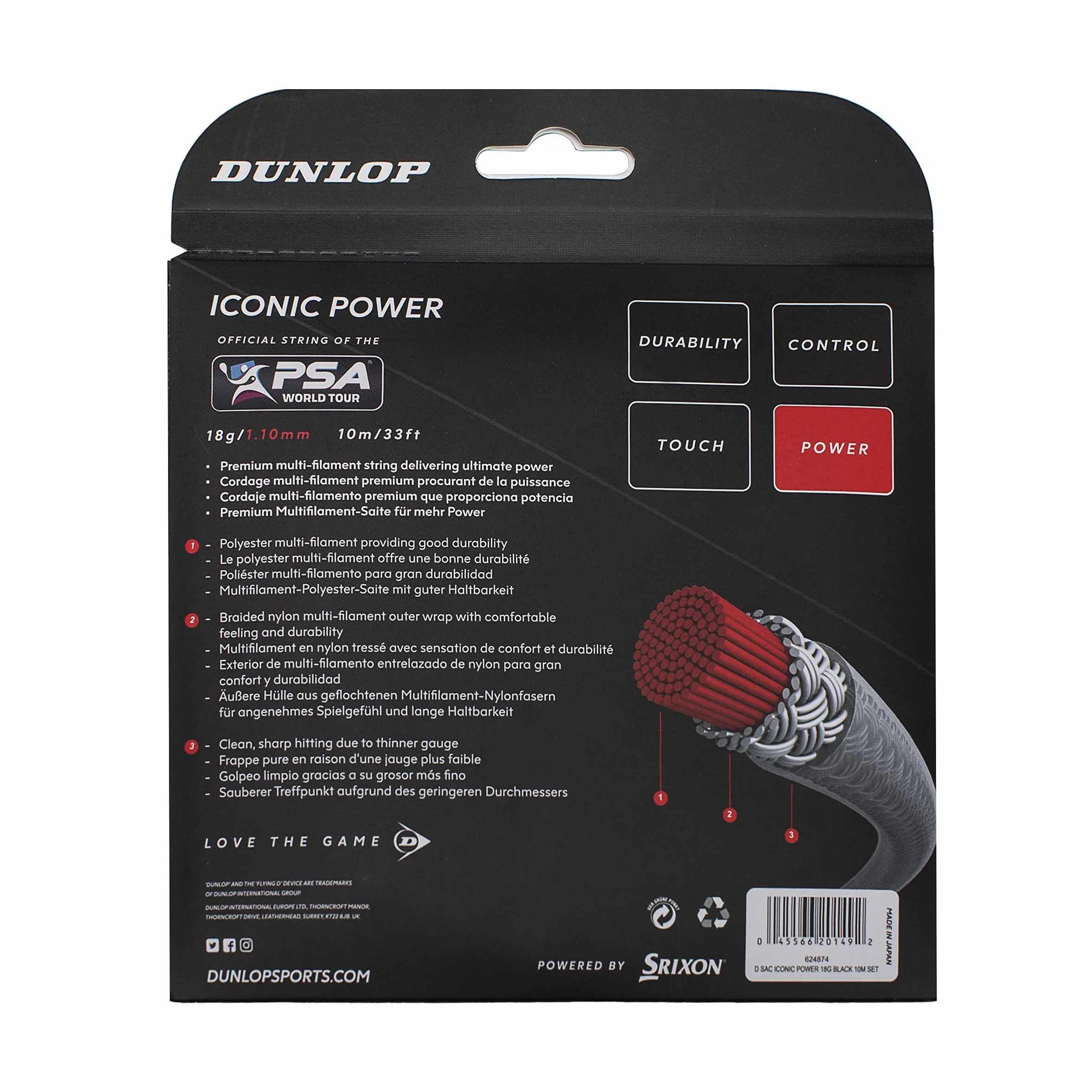Dunlop Conjunto 18 g/1.10 mm, 10 m de Cuerdas icónicas para Power Squash
