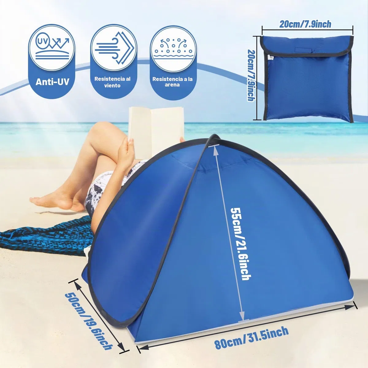 Carpa de Playa emergente Mini Tienda Carpa de Playa portátil Refugio para el Sol Tienda de Campaña Beach Sun con Bolsa de Almacenamiento Tienda de Reposacabezas Para Interior y Exterior,azul