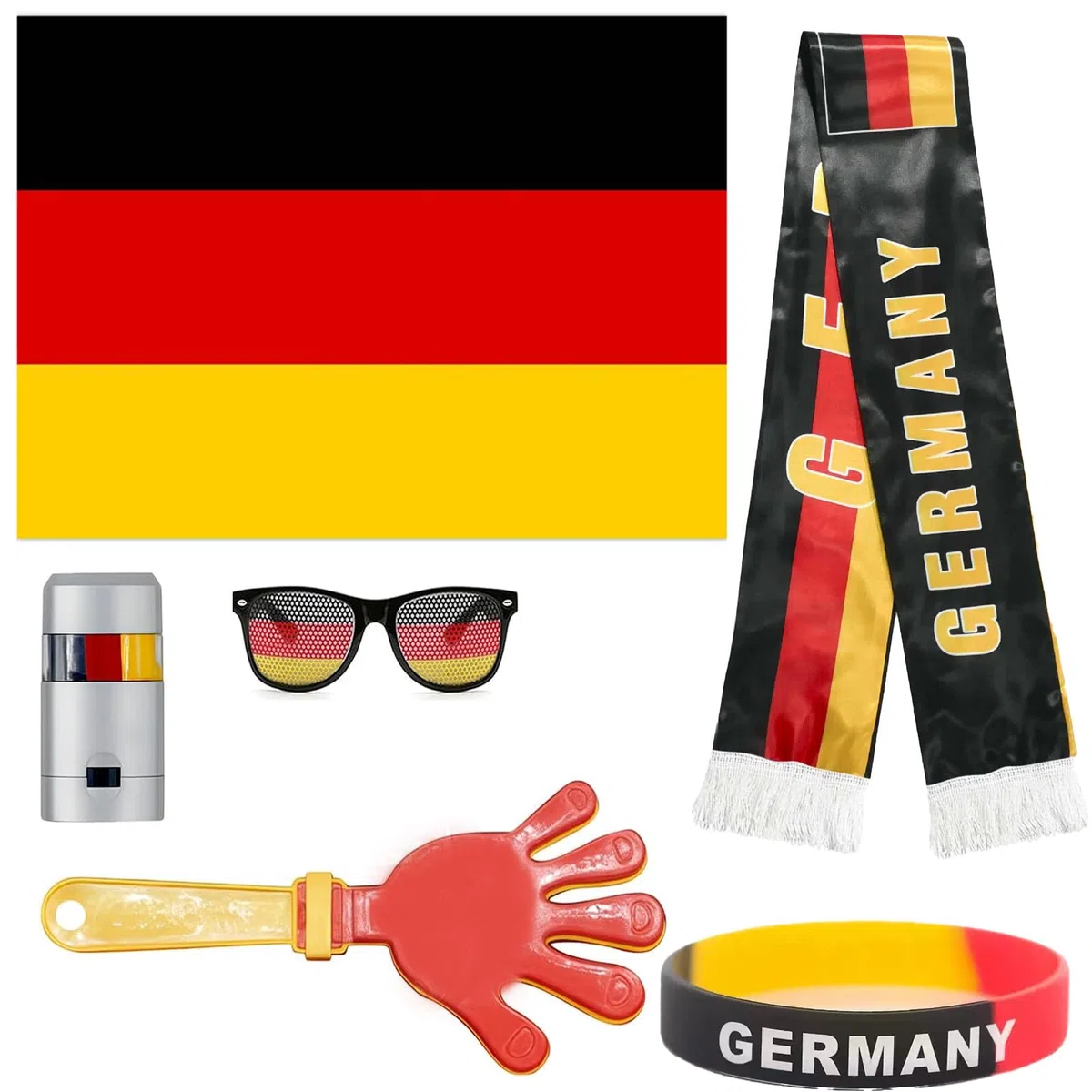 Juego de 6 piezas para fanáticos de Alemania, bufanda, gafas, bandera, chisme, pintura facial y pulsera – regalos típicos alemanes para aficionados al fútbol, accesorio perfecto para estadio, vista